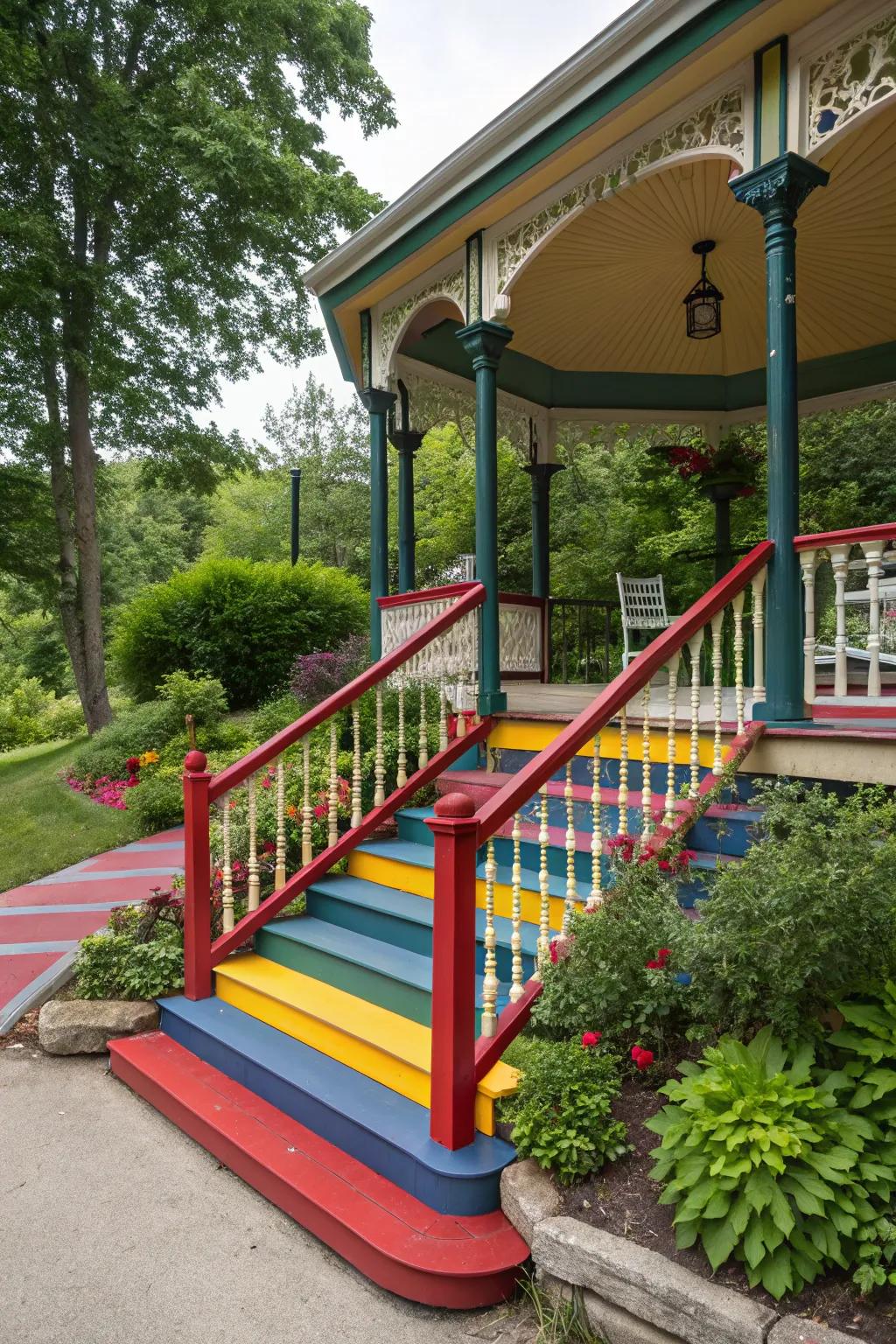 A raised porch with bold color accents on its steps and railings.