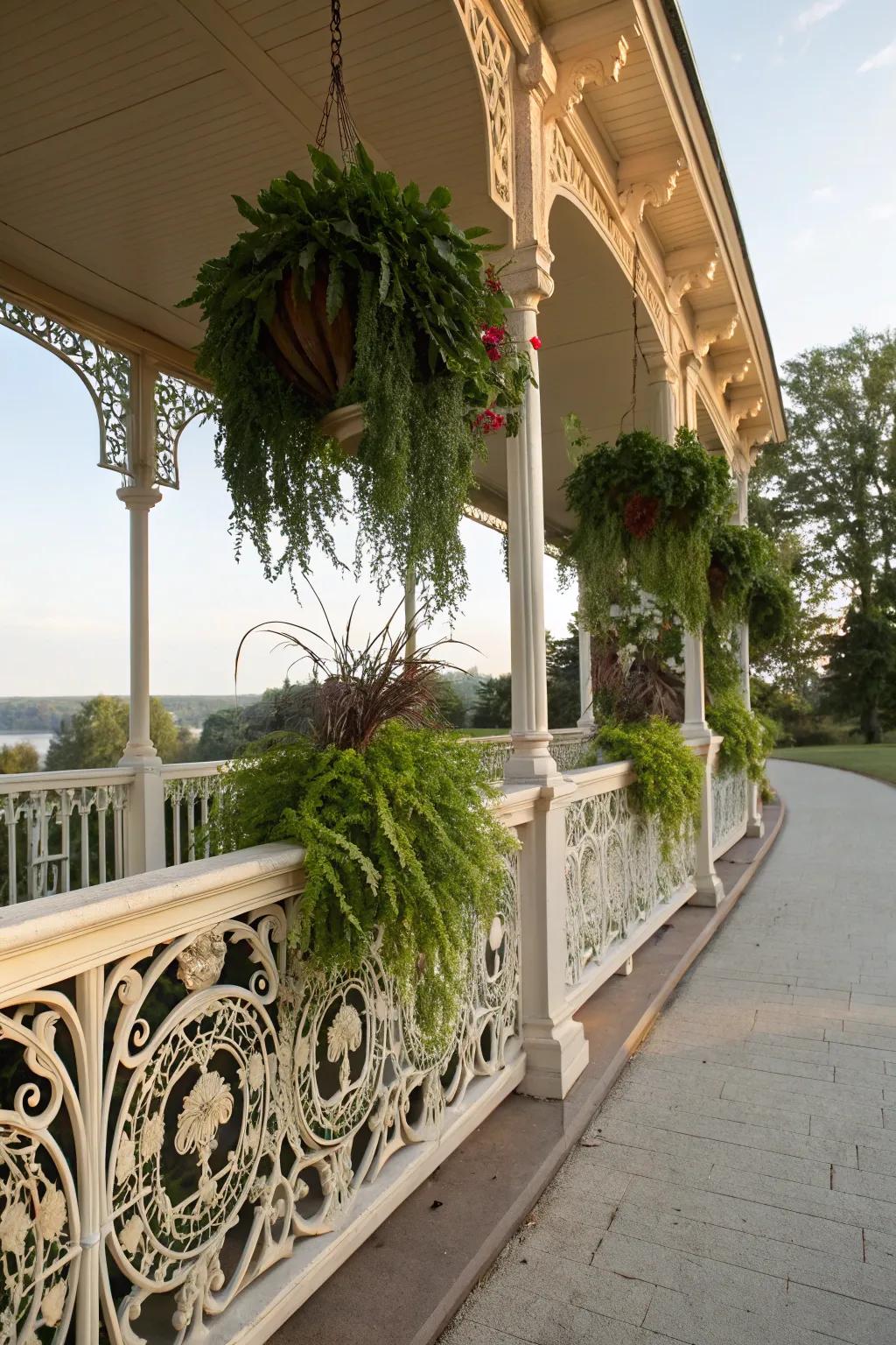 Hanging plants enhancing the railings of a raised porch.