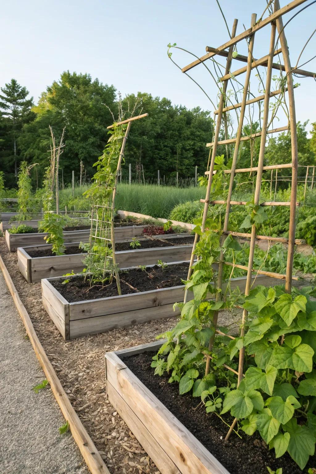 Vertical elements like trellises add height and drama to garden beds.