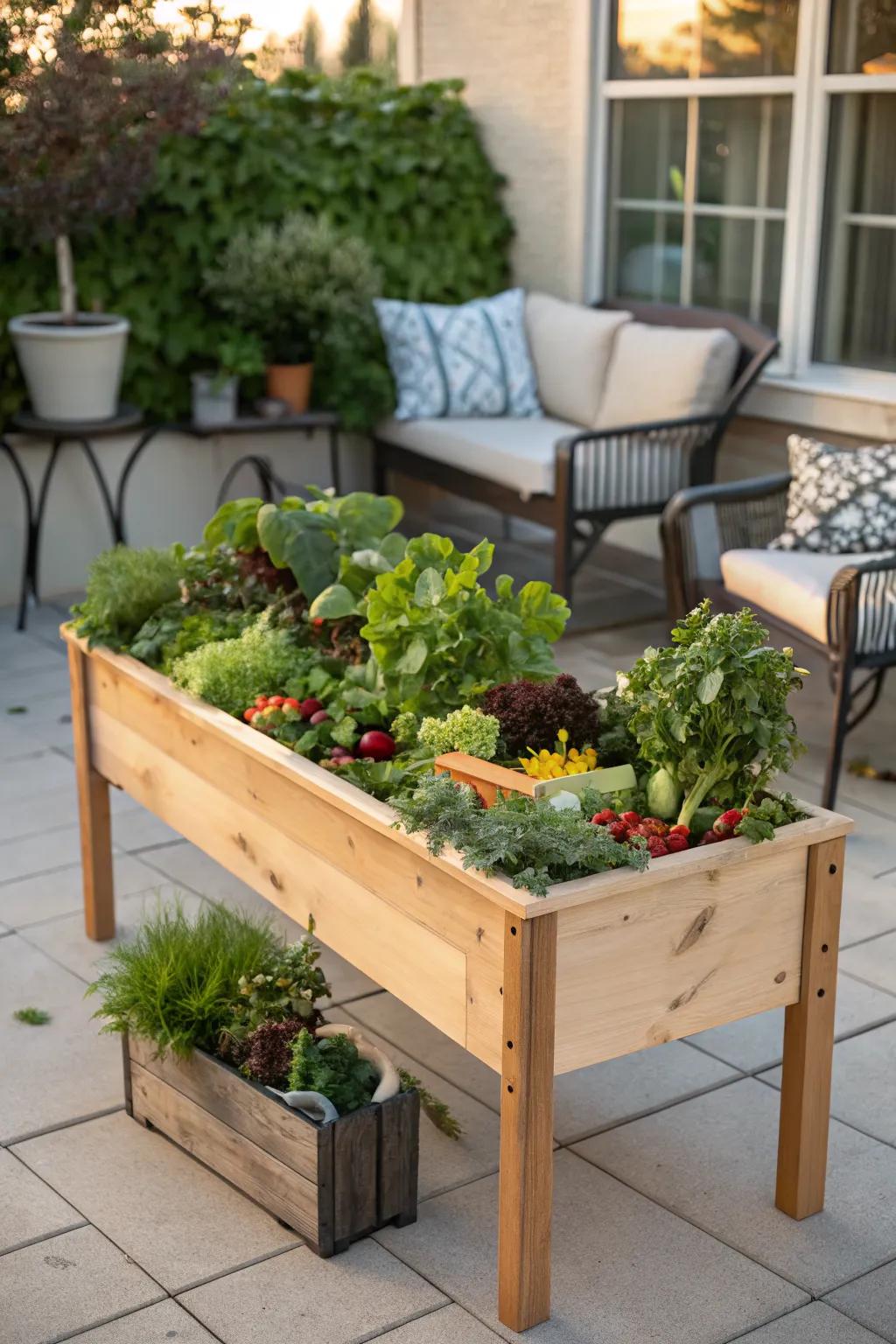 Raised beds on legs provide accessibility and deter garden pests.
