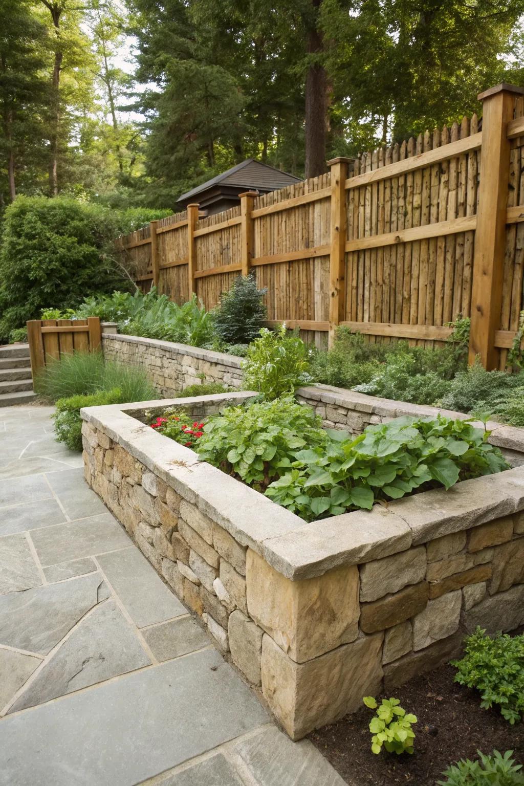 Stone and wood combinations bring elegance and texture to your garden.