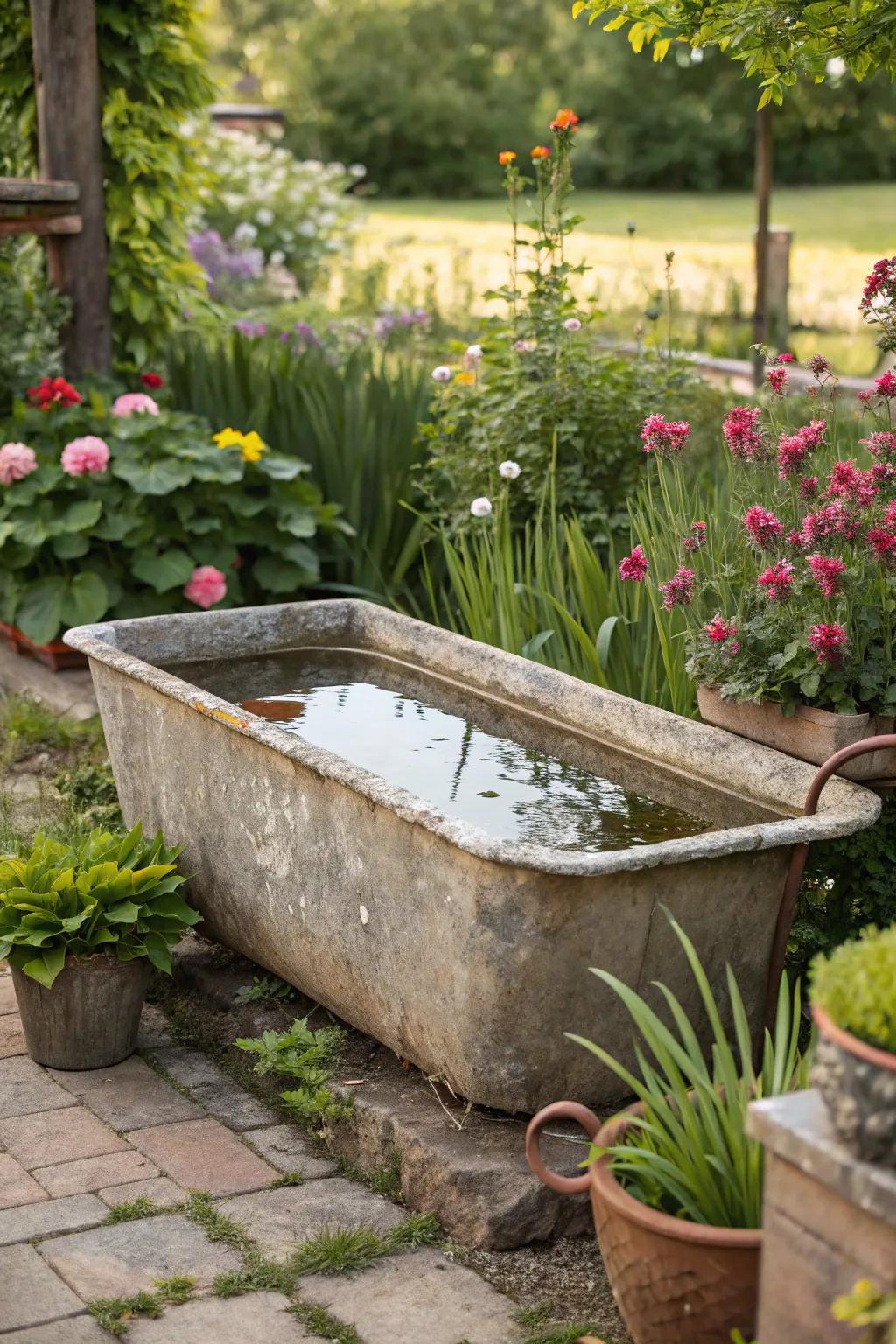 Repurposed materials add unique charm to this raised pond.