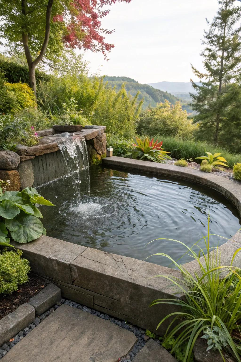 Waterfalls bring movement and soothing sounds.