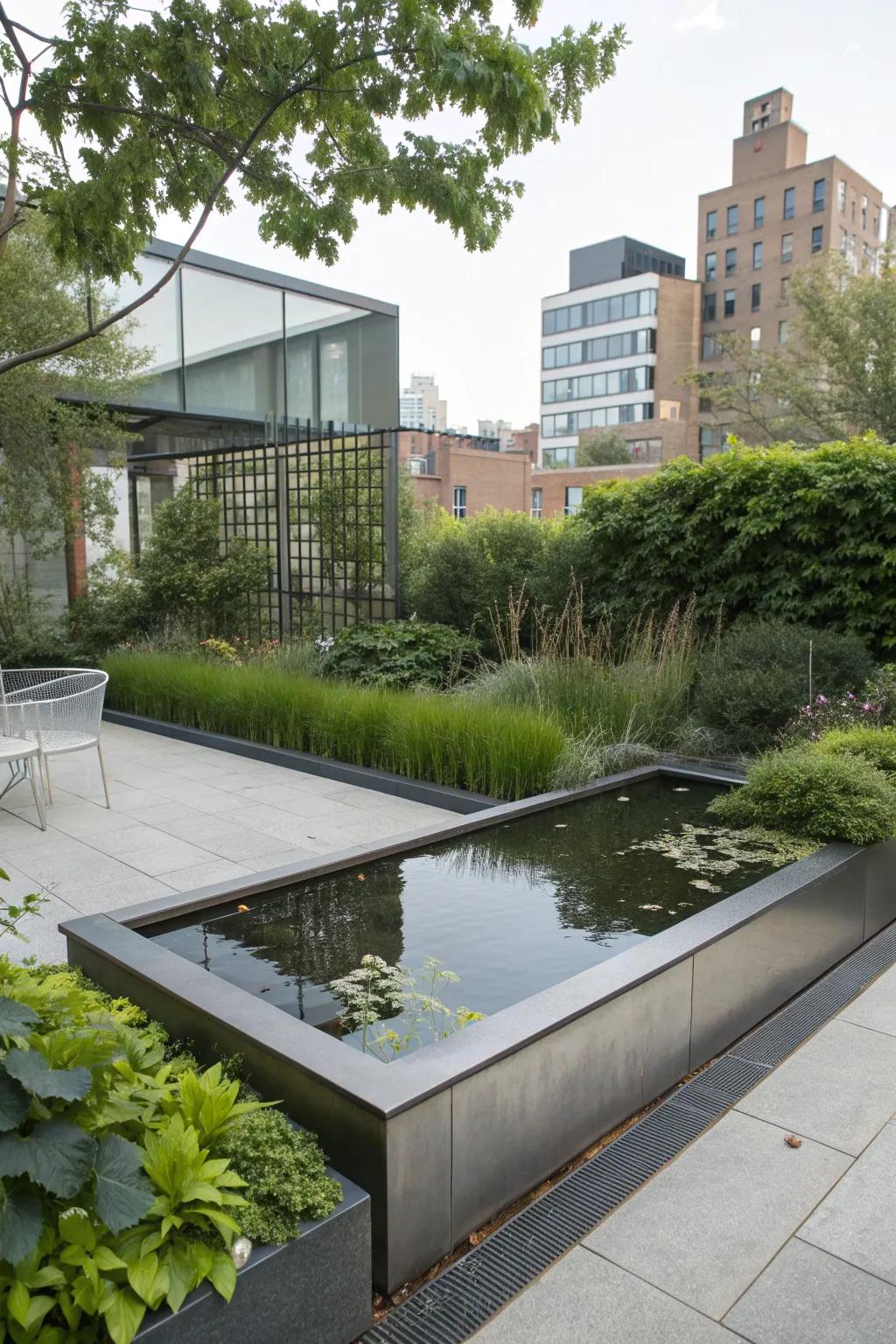 Metal edges bring a sleek, urban chic to garden ponds.