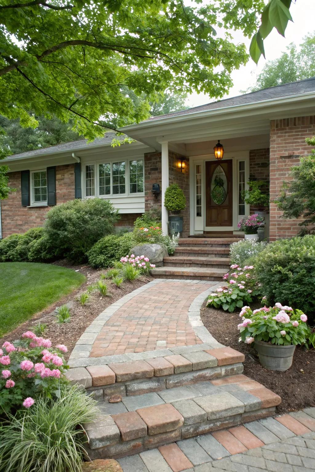 An inviting raised ranch pathway with brick and stone design.