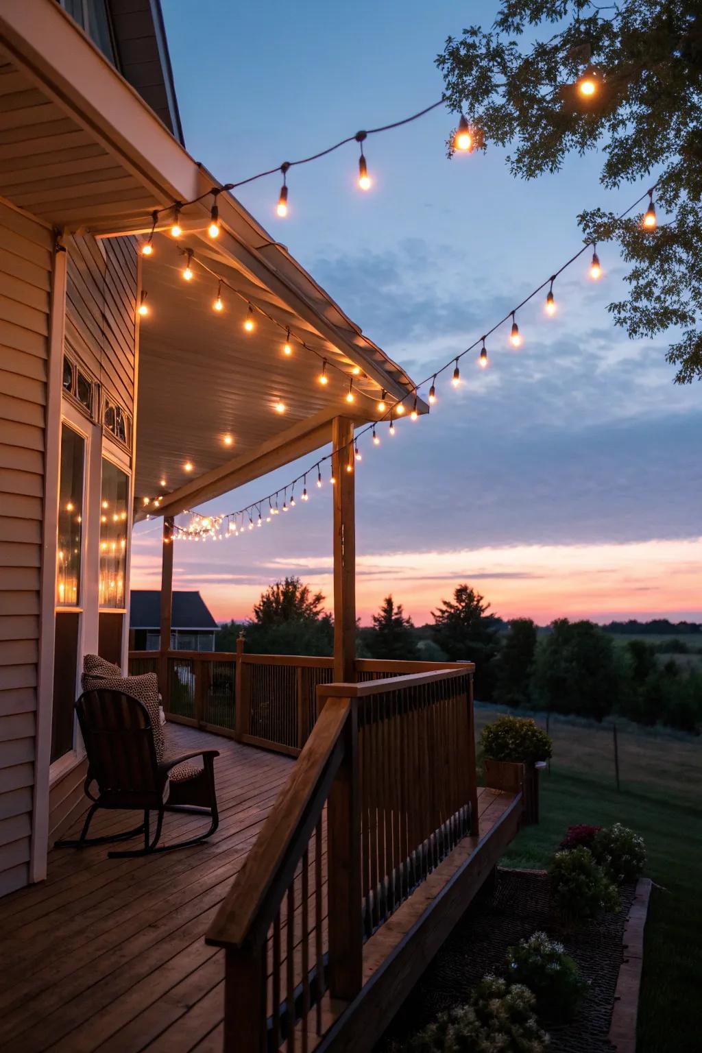 String lights create a warm, inviting glow at night.