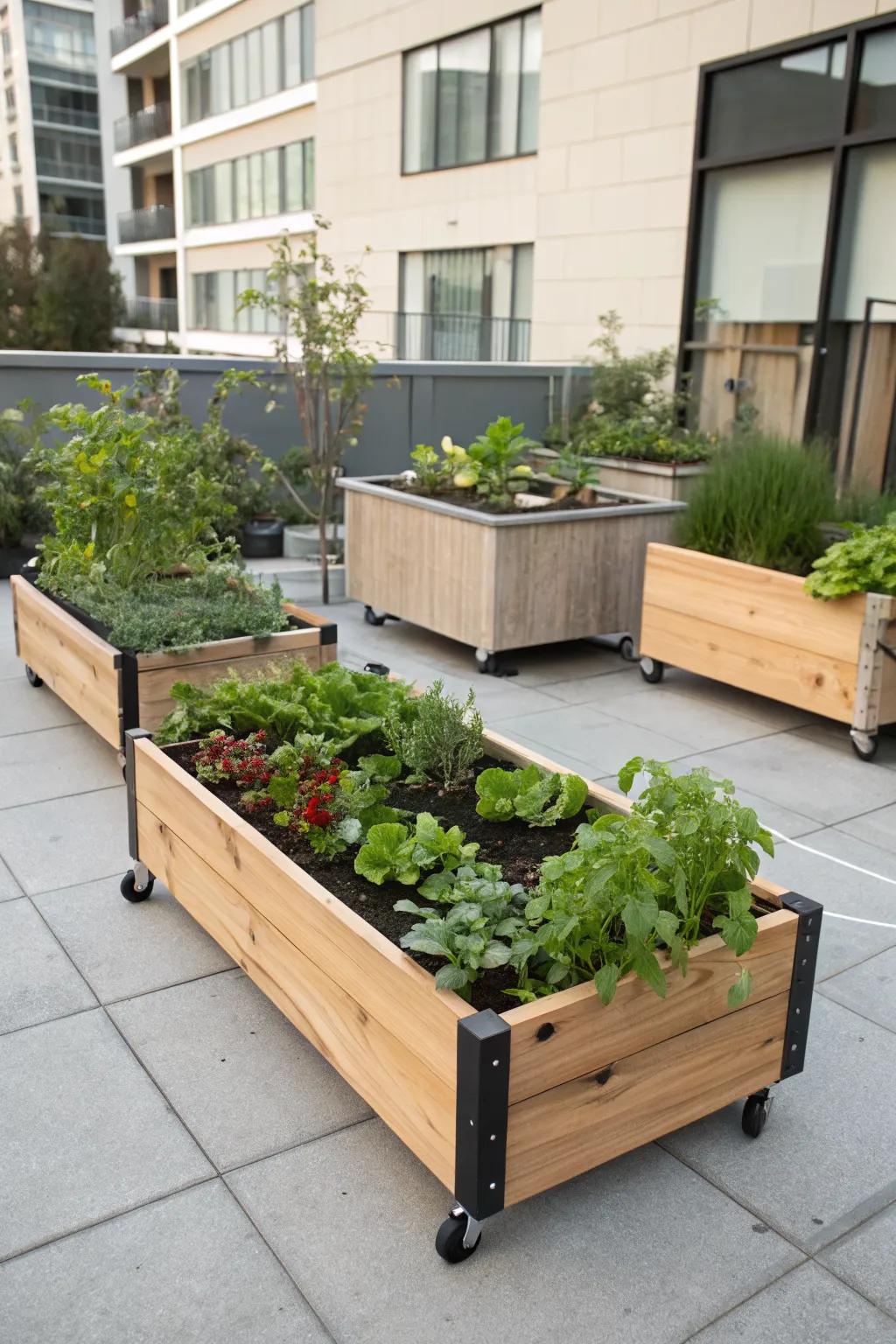 Mobile raised garden beds offering flexibility in a small urban space.