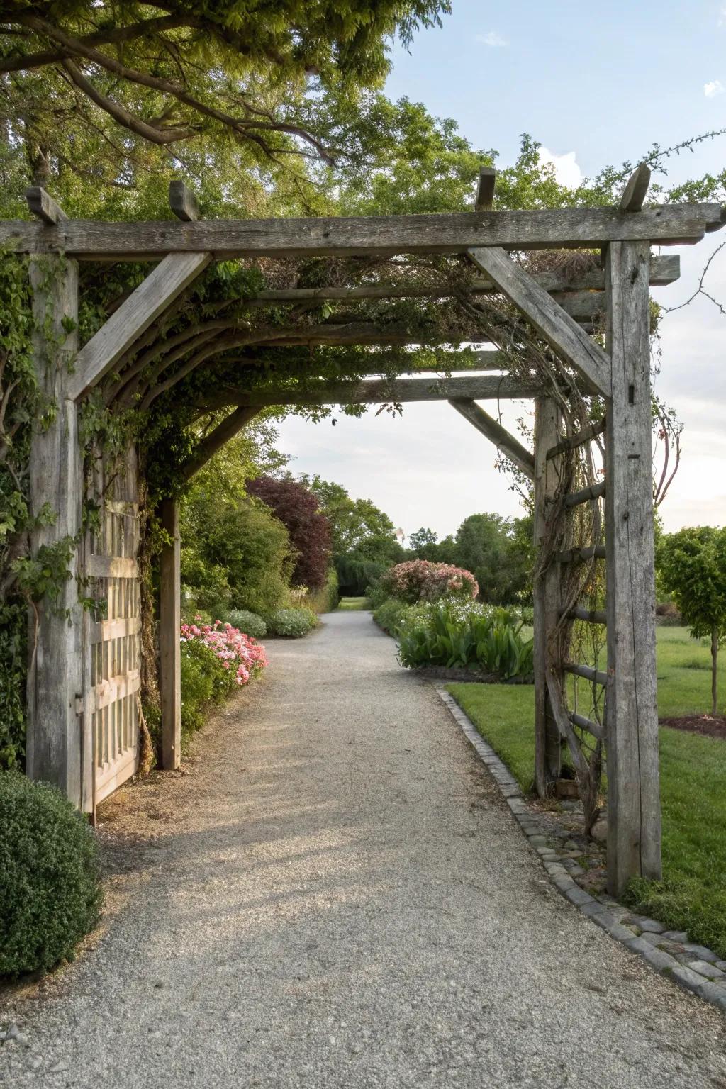 A rustic wooden archway frames a charming gravel driveway.