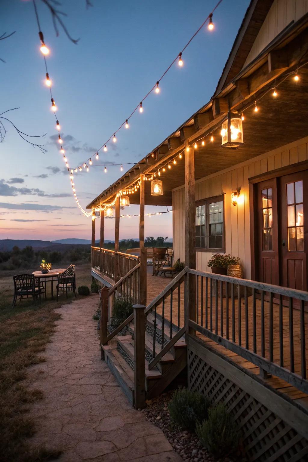 Decorative lighting creates a magical evening ambiance on the porch.