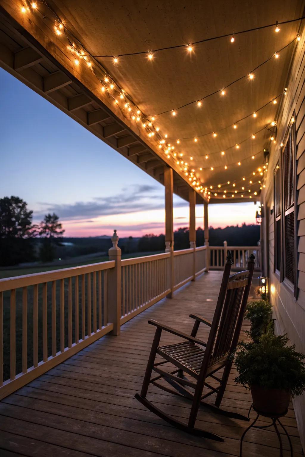 String lights create a warm and inviting ambiance on the porch.