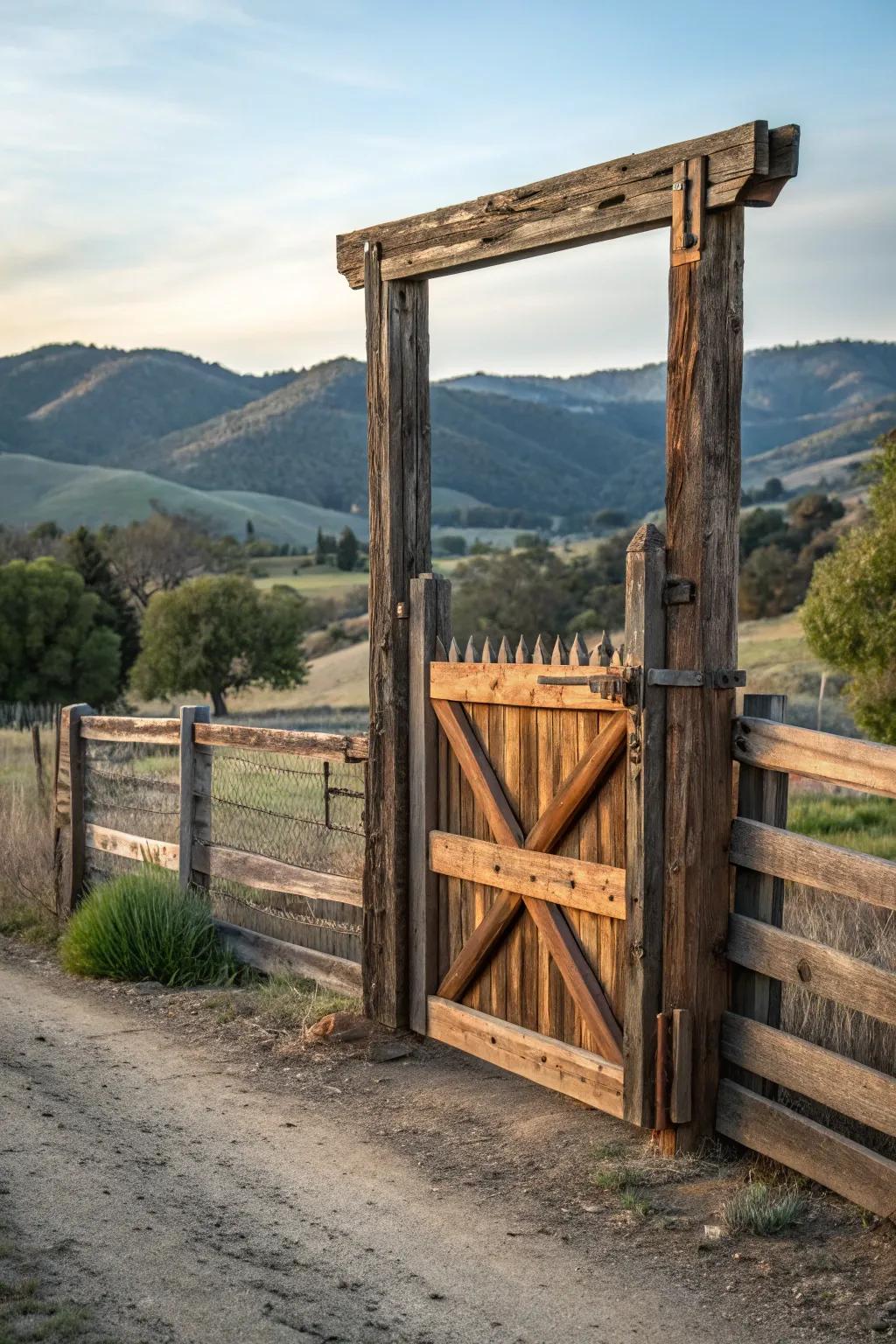 Reclaimed wood adds rustic charm and sustainability to your gate design.