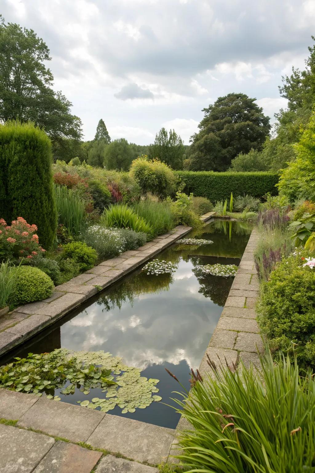 A water feature brings tranquility to a rectangular garden