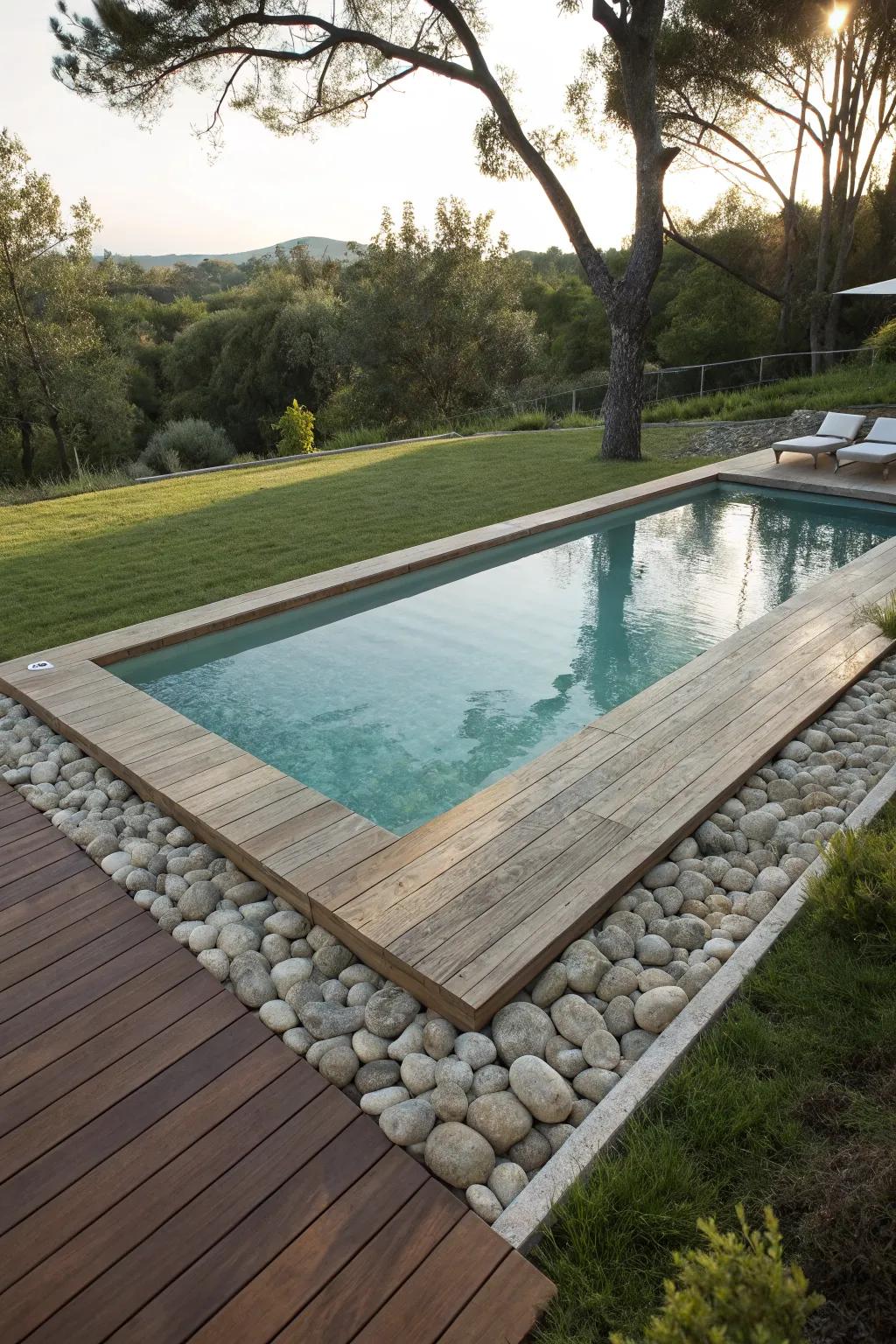 A rectangular pool with a stylish wooden and stone deck