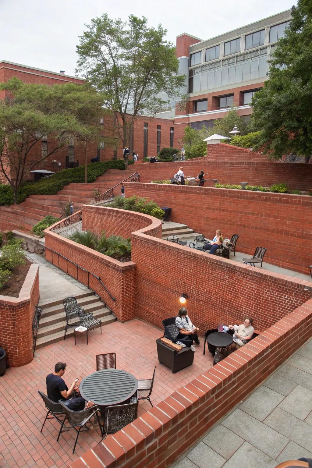 Comfortable multi-level seating with red brick accents.