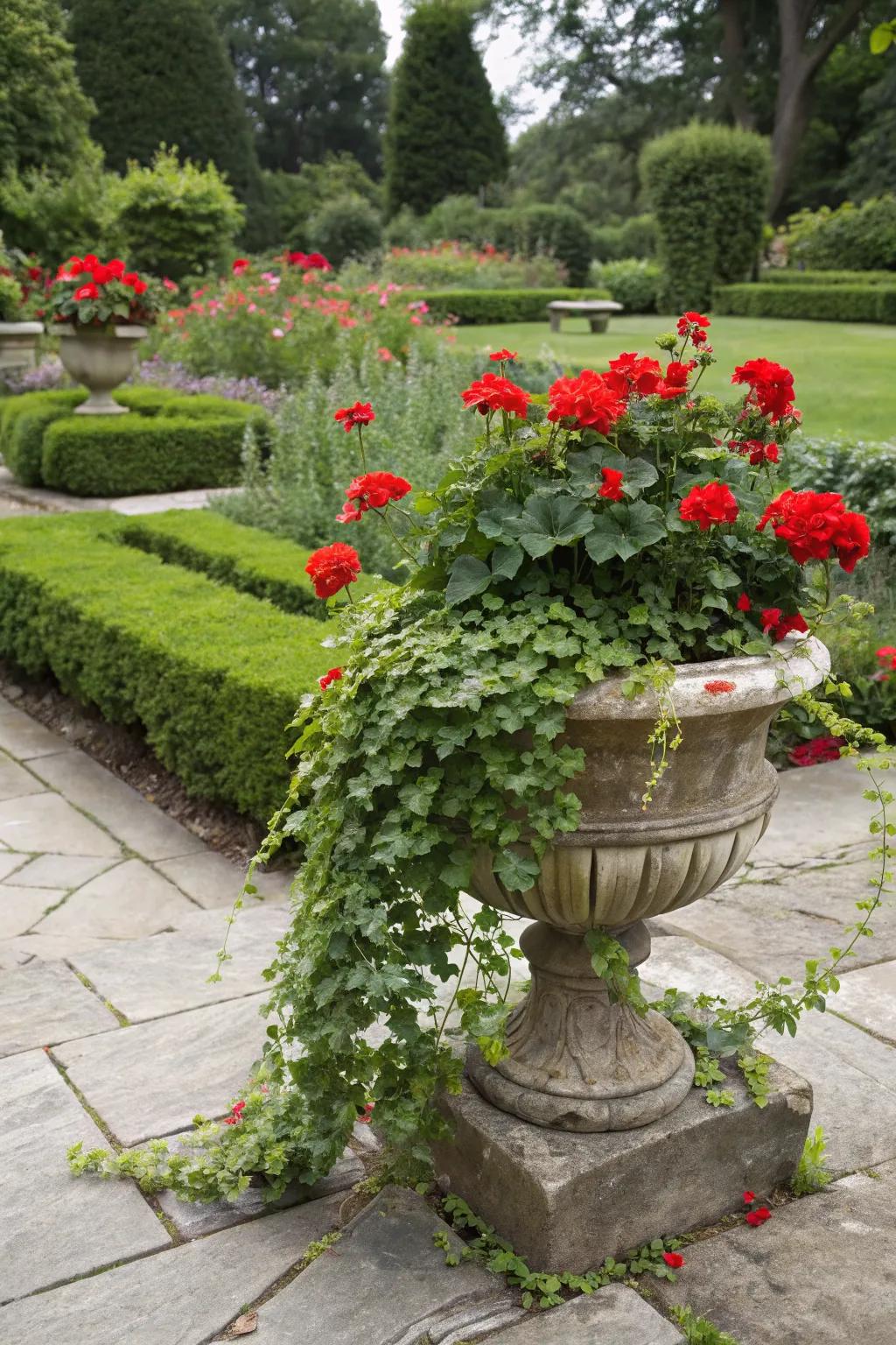 Lush ivy provides a classic backdrop for vibrant red geraniums.