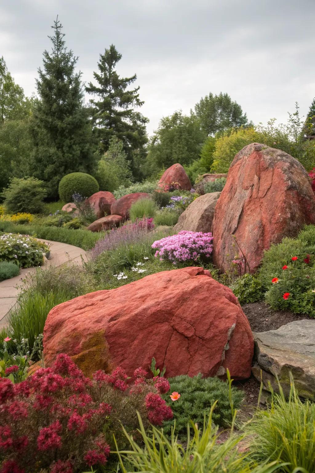 Dramatic red rock boulders create eye-catching focal points.