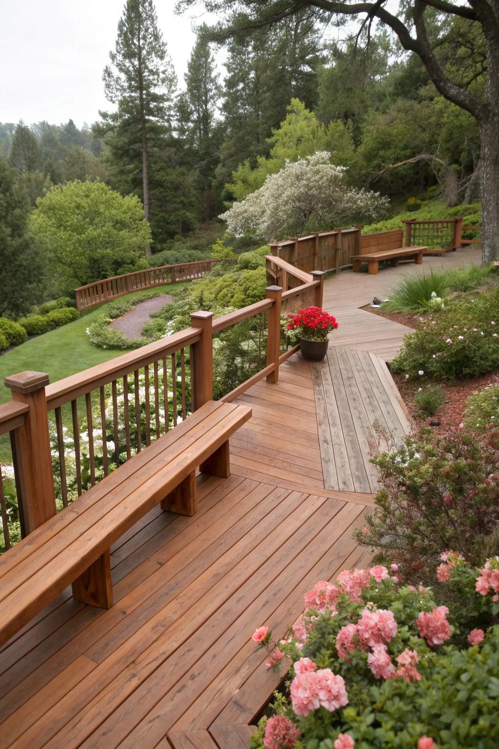 Functional and inviting: built-in bench railings on a redwood deck.