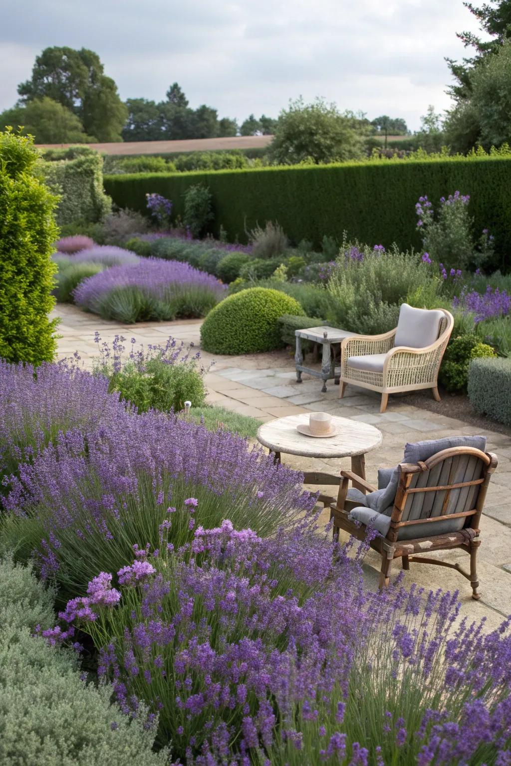 Aromatic plants like lavender add a soothing fragrance.