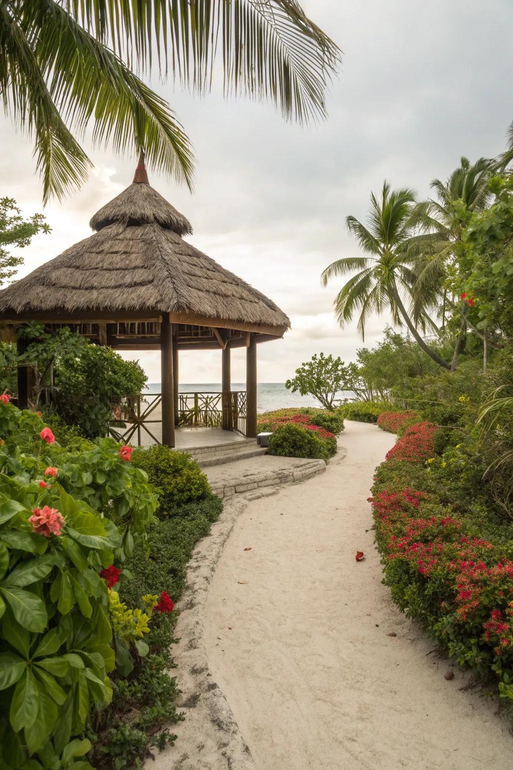 Thatched roofs provide a tropical, eco-friendly aesthetic.