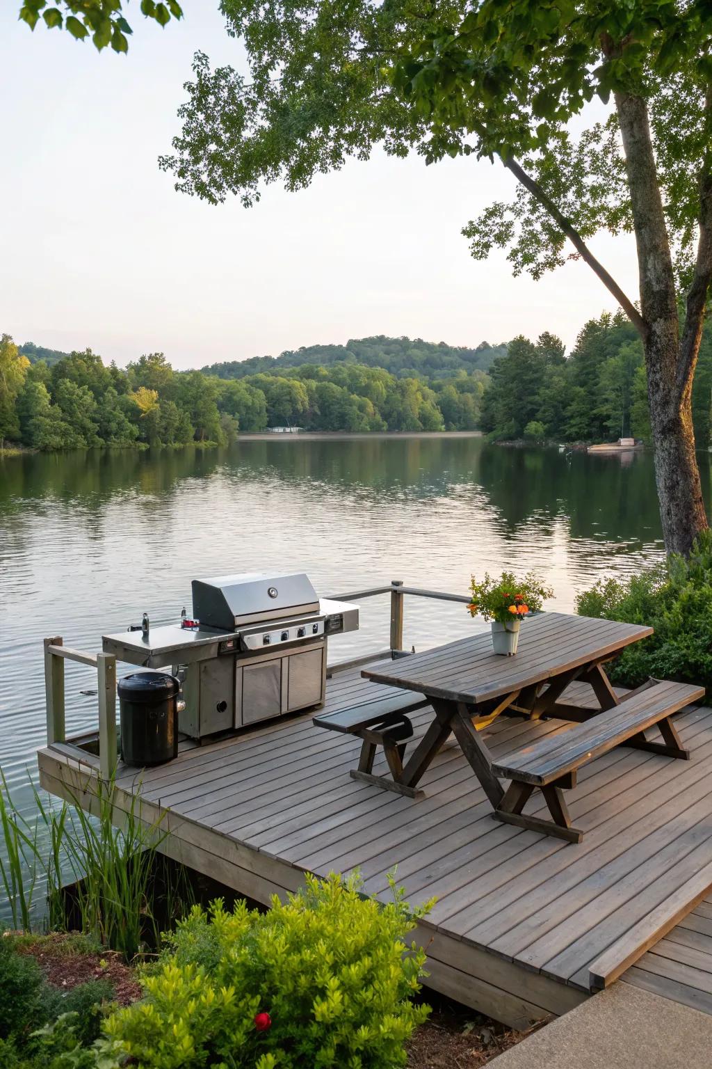 An entertainment-friendly dock on a residential lake, ideal for gatherings.