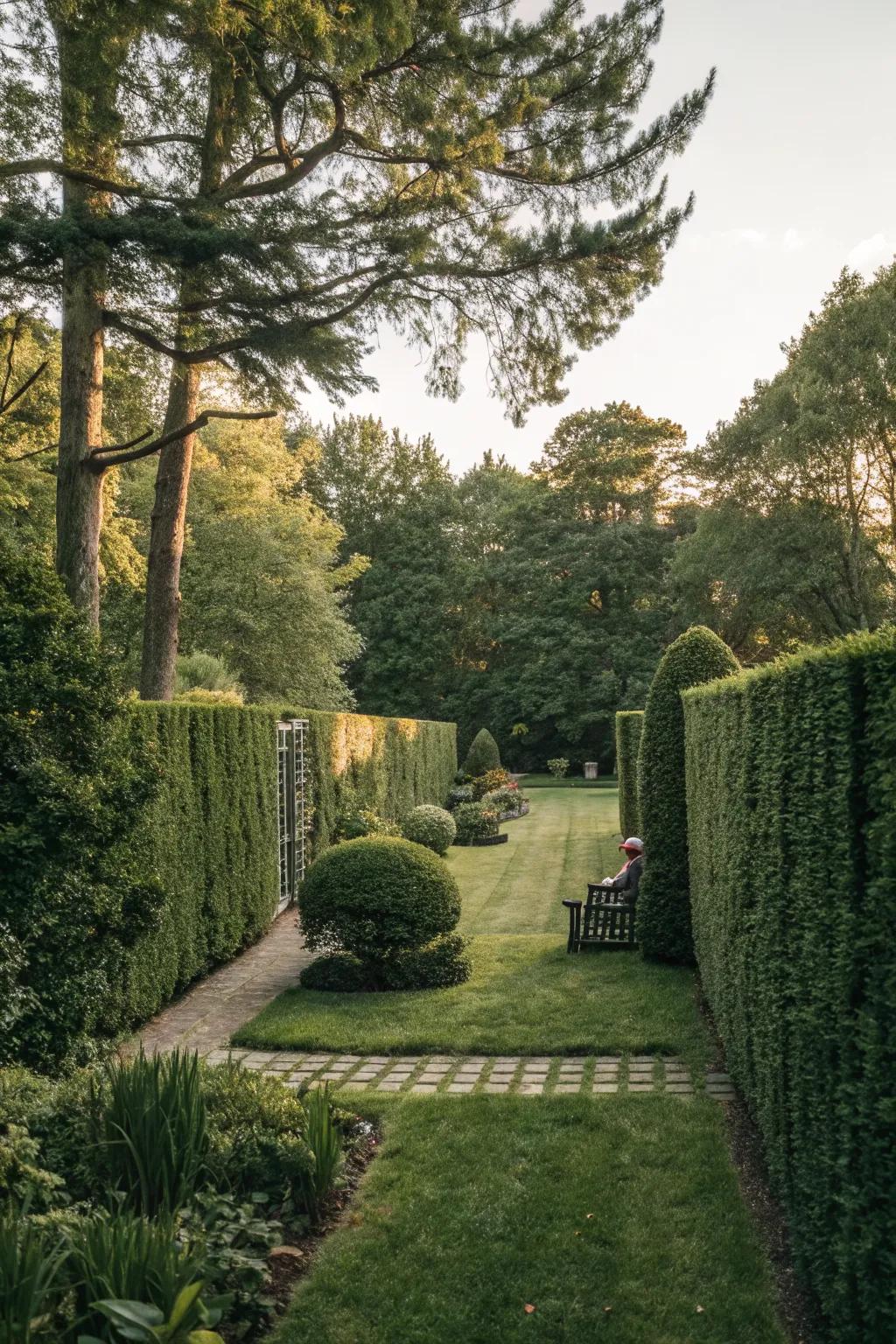 Natural elements like hedges create a private haven.