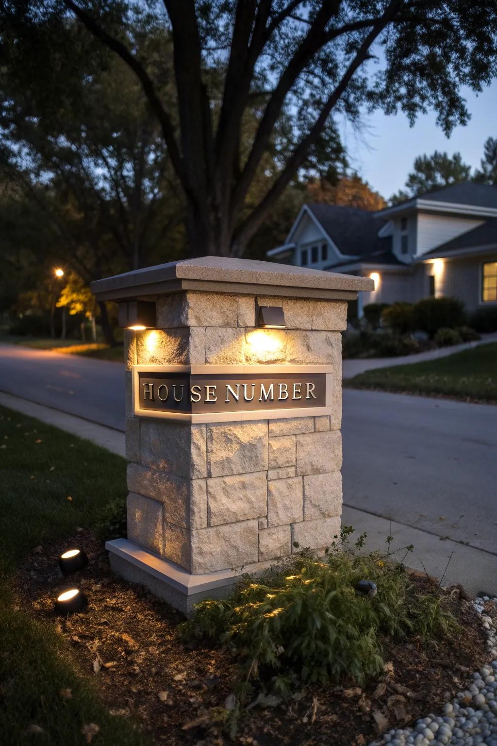LED lighting adds elegance and functionality to this stone mailbox.