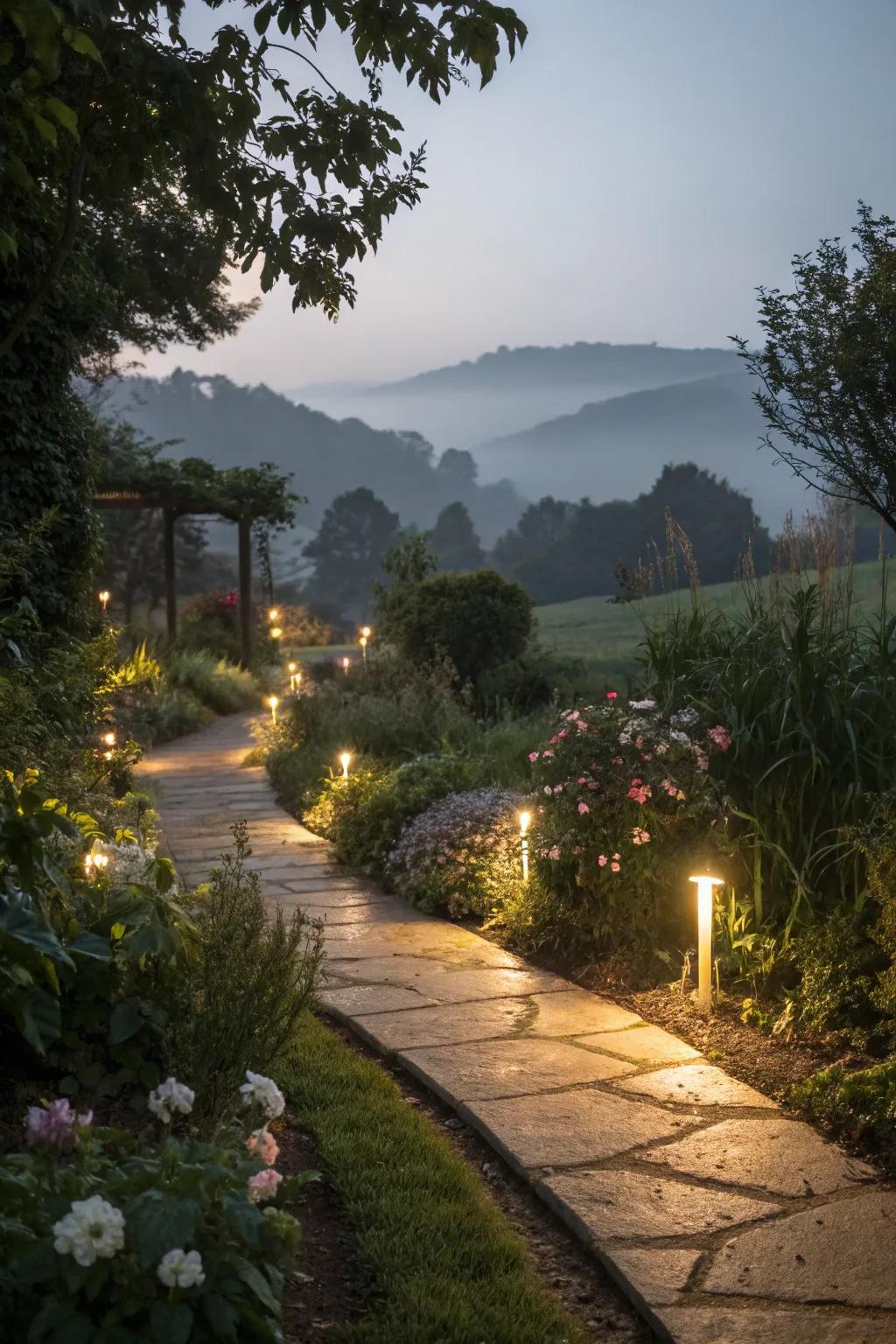 A resin pathway beautifully lit up for an enchanting evening atmosphere.