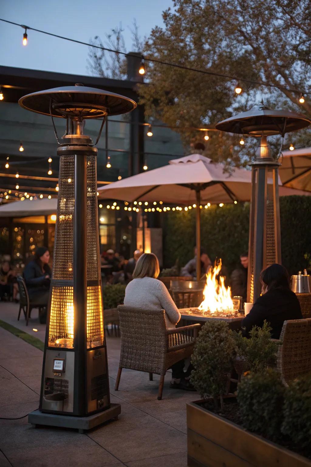 Outdoor heaters and fire pits ensure comfort in cooler weather.