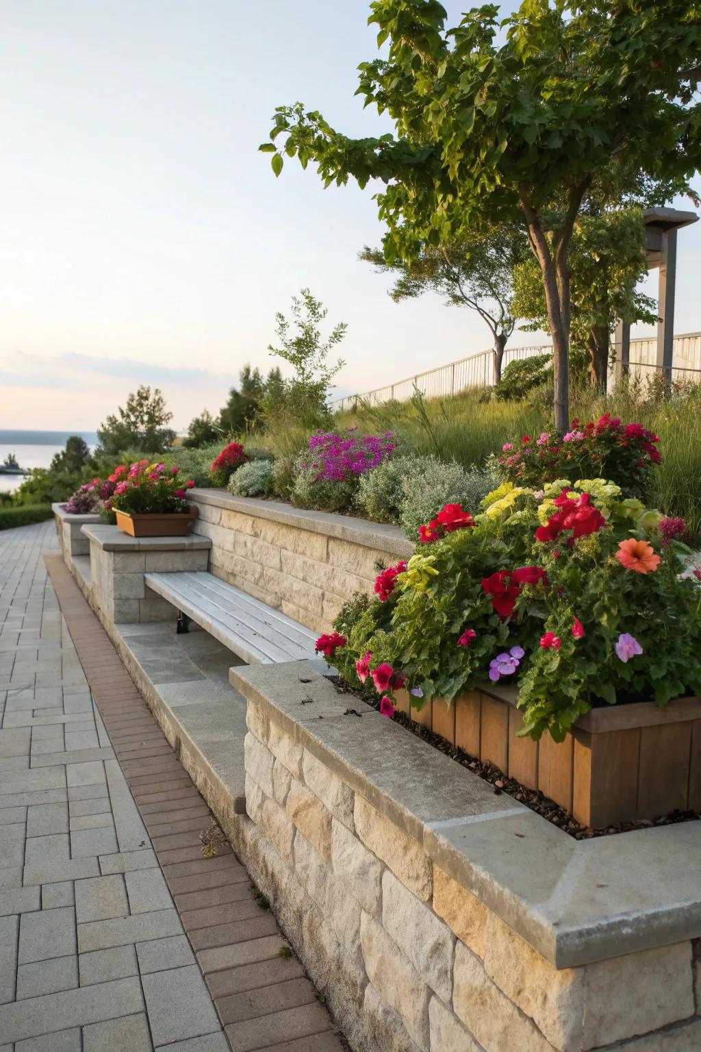 Built-in planters merge seating with greenery in harmony.