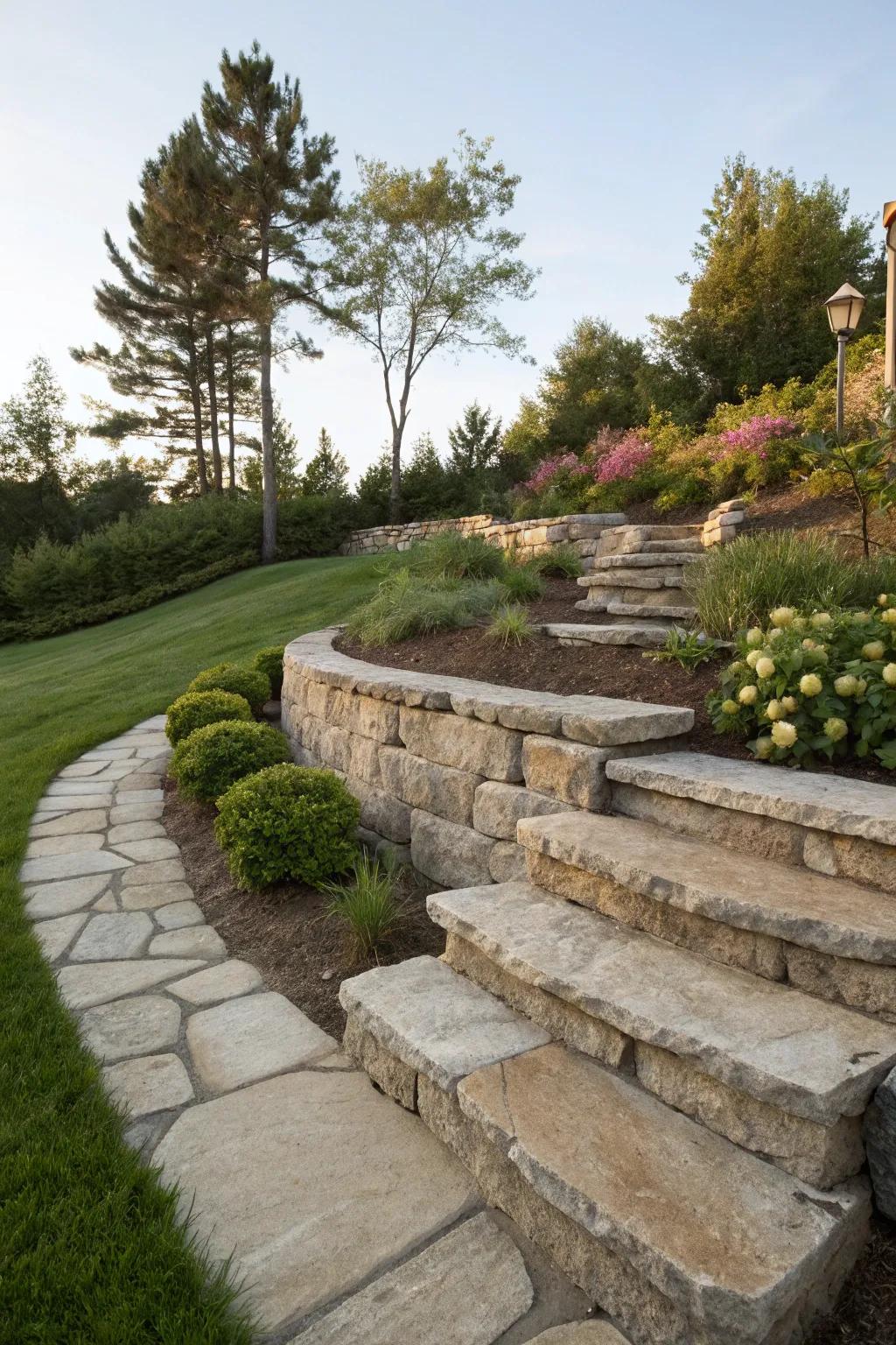 Steps within retaining walls offer practical elegance.