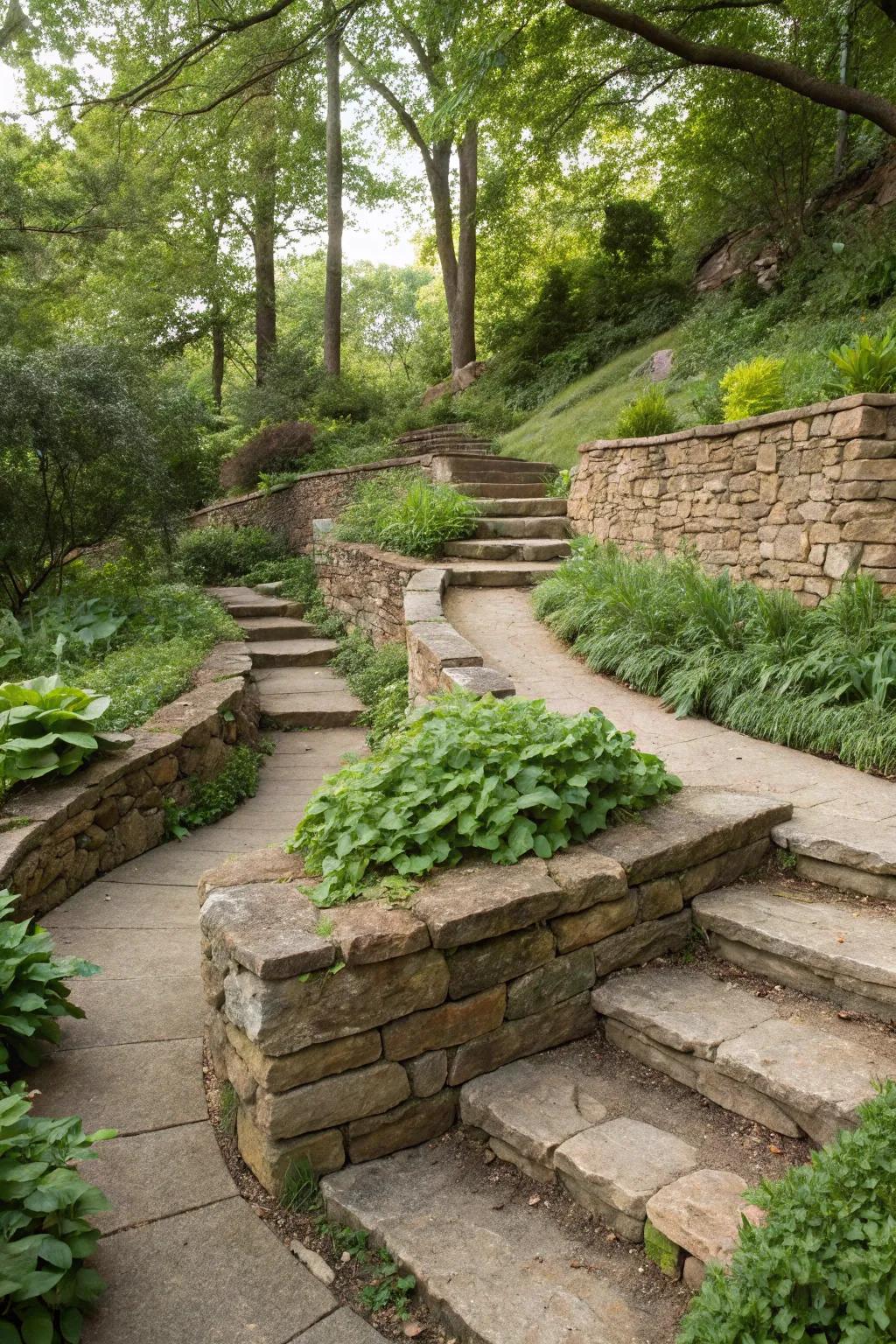 A retaining wall with pathways and steps, seamlessly blending into the landscape.
