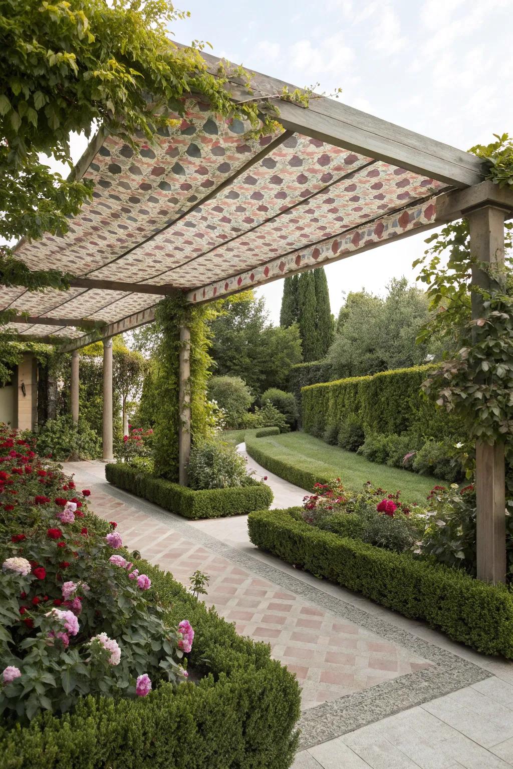 Bold patterned fabrics for a striking pergola design.