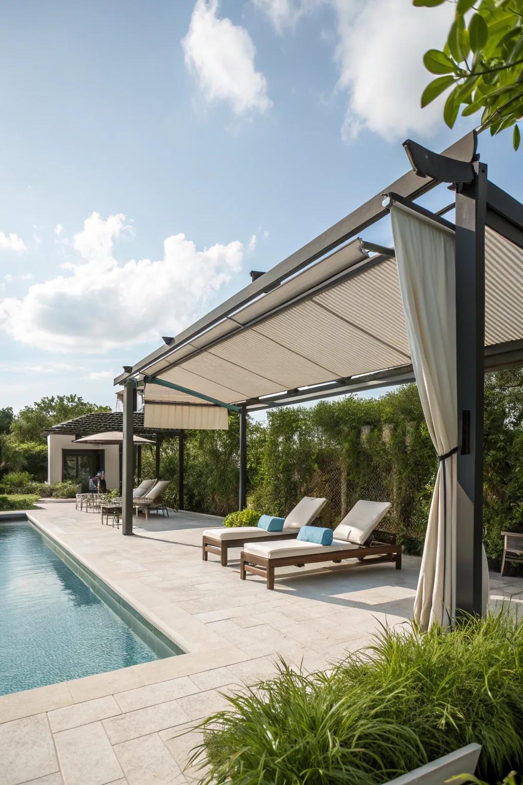 Solar shades offering eco-friendly poolside comfort.