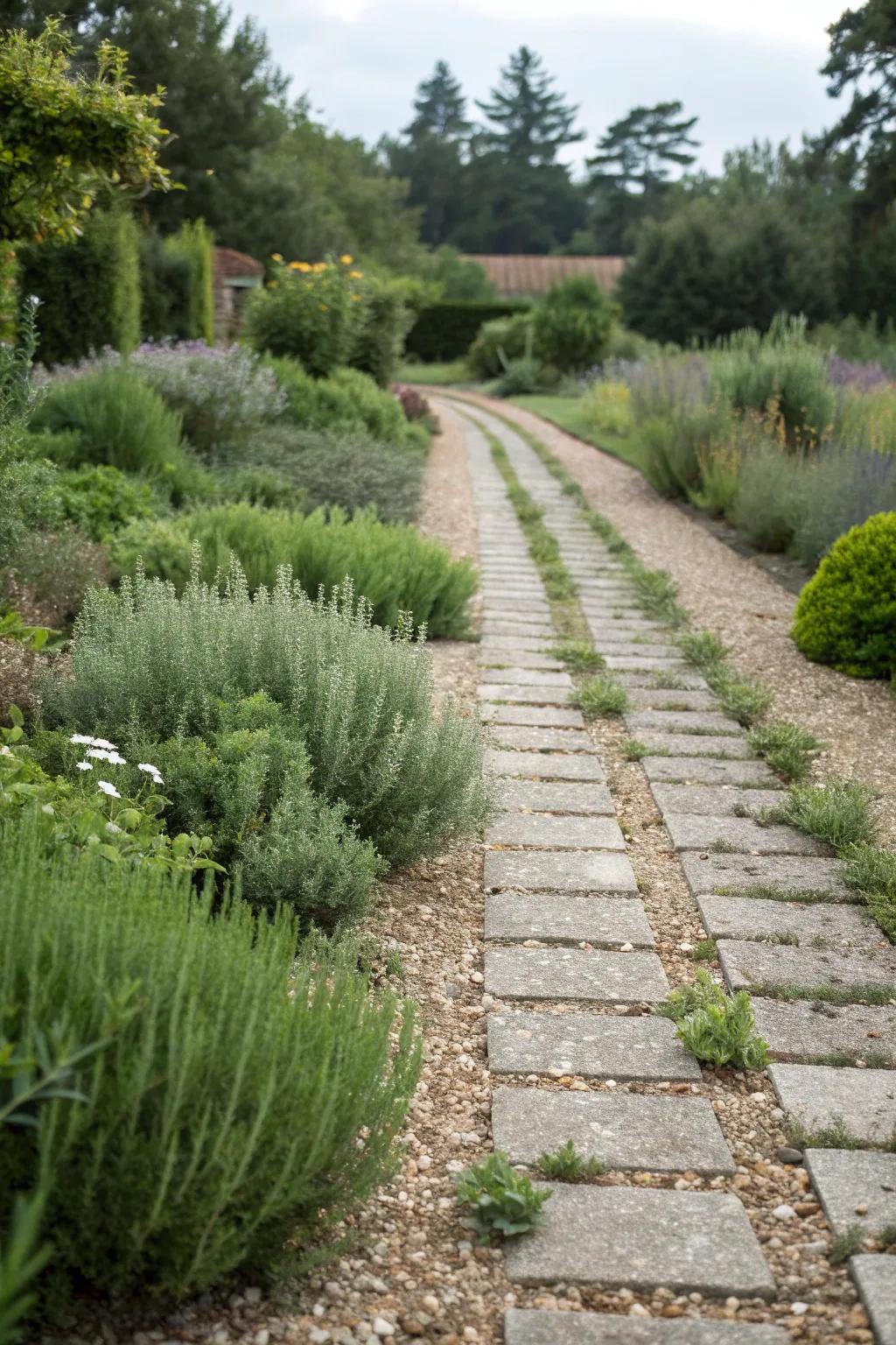 A driveway with aromatic herb strips, perfect for culinary and garden enthusiasts.