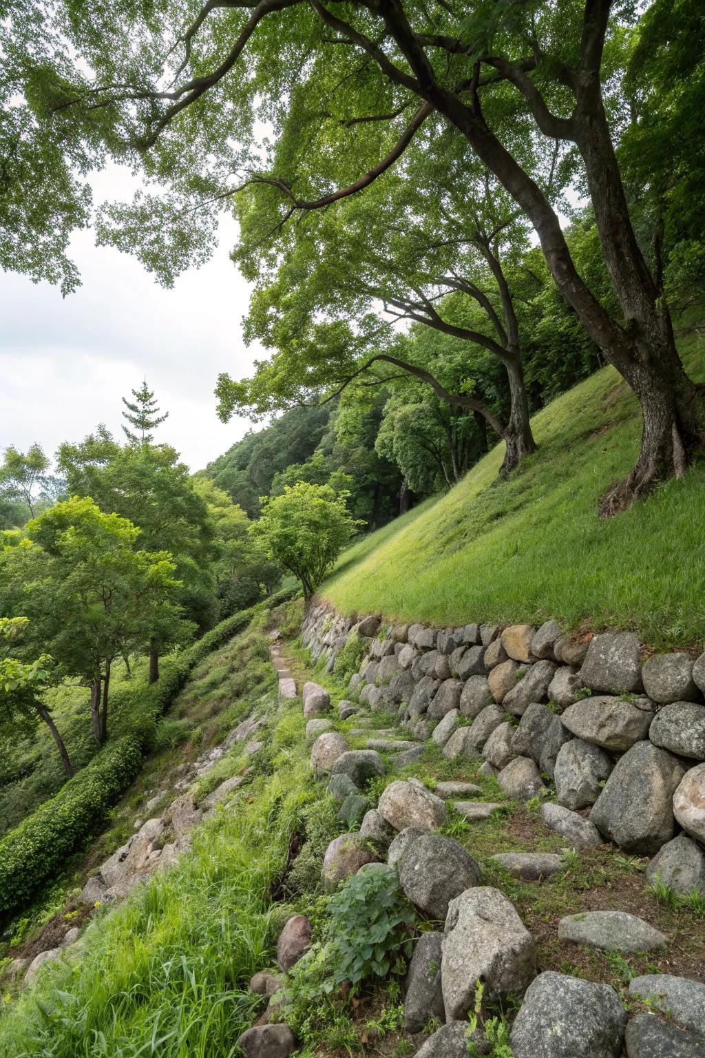 Riprap stones effectively stabilizing a sloped area in the garden.