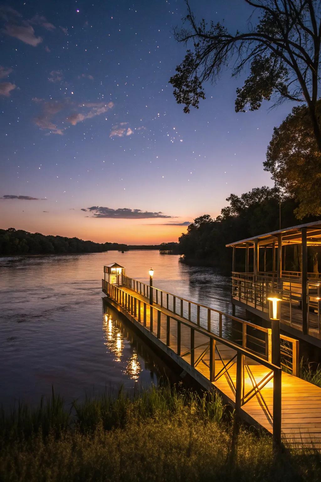 An elegantly lit dock creating a magical evening ambiance.