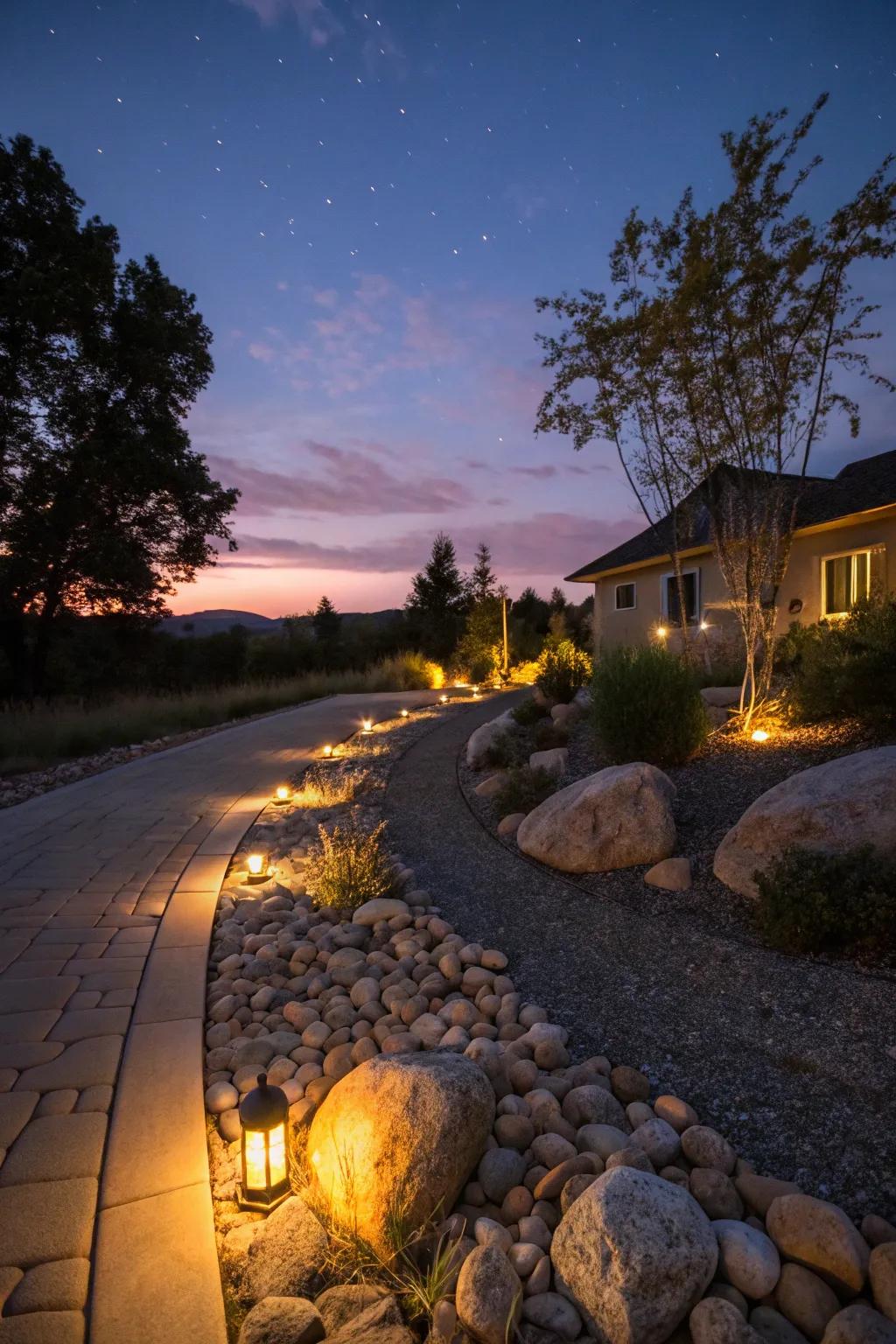 Enchanting evening ambiance with solar-lit river rock borders.