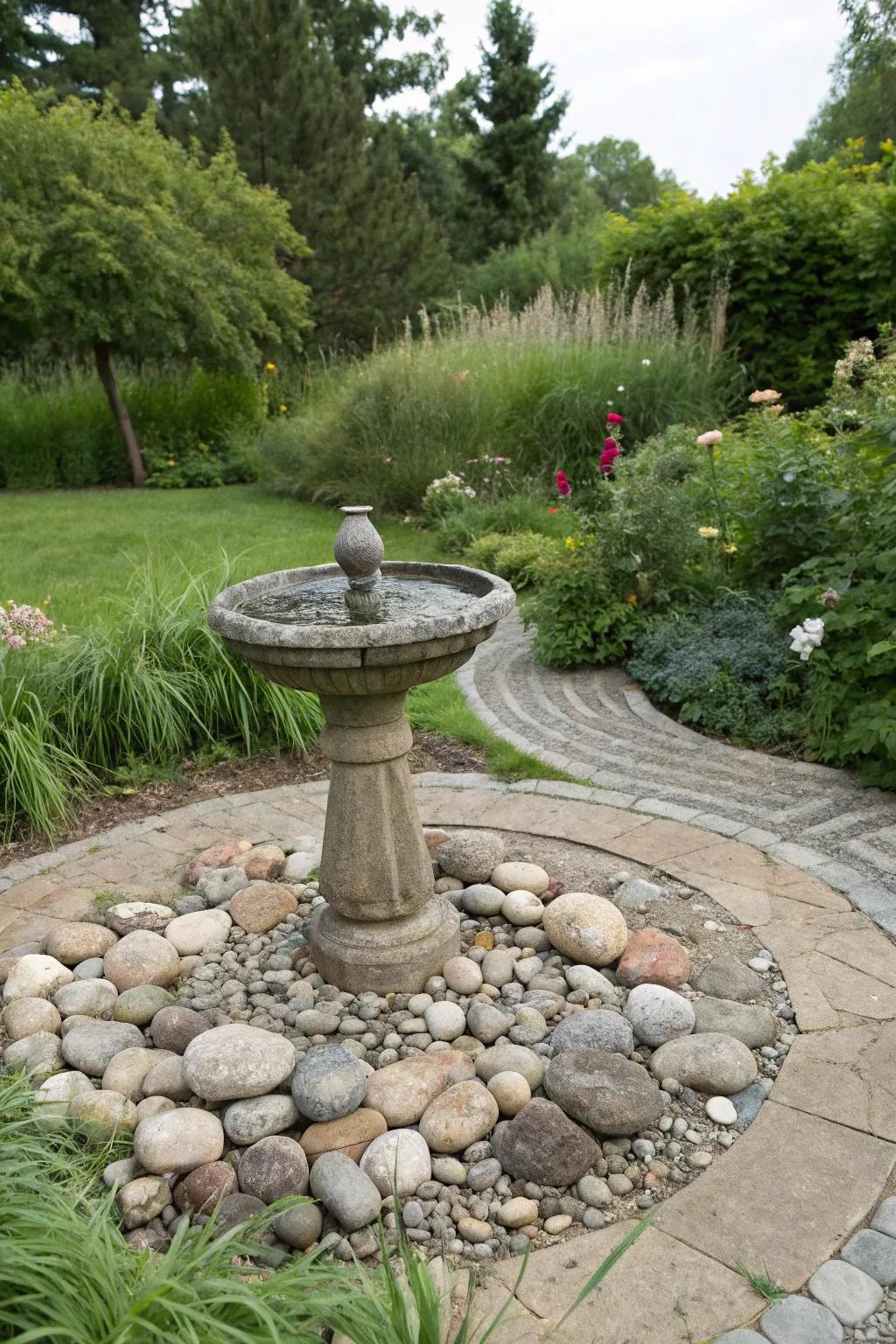 Circular designs with river rocks create a unique garden focal point.