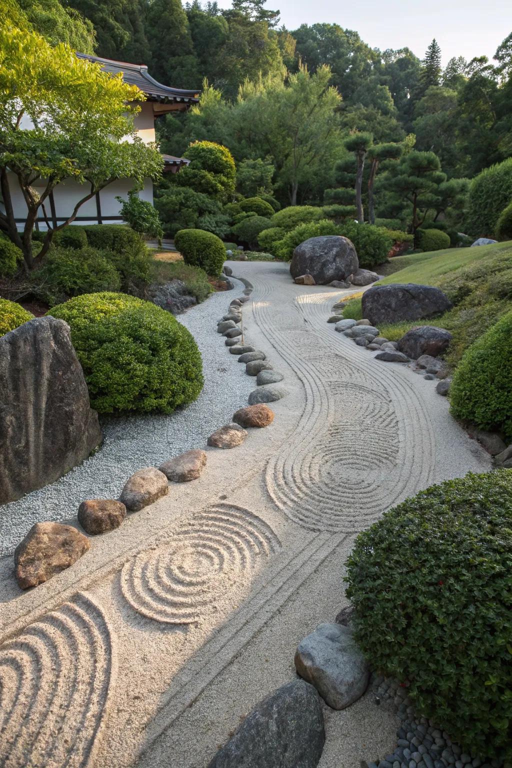 A peaceful Zen garden path with river rocks.