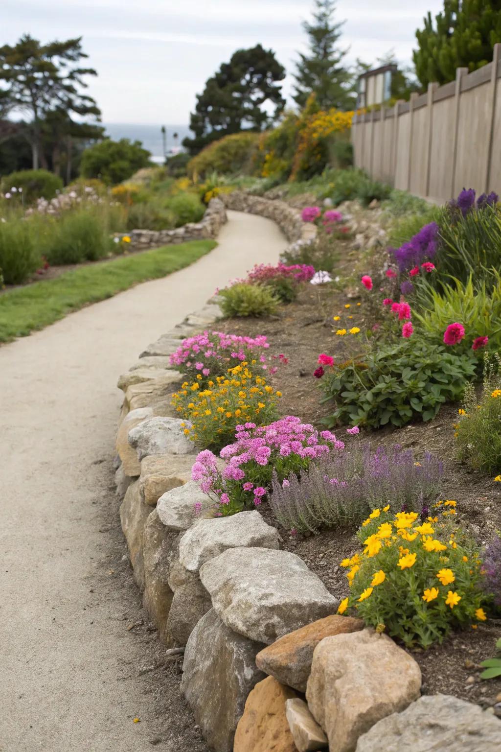 A decorative rock fence enhancing a garden pathway.
