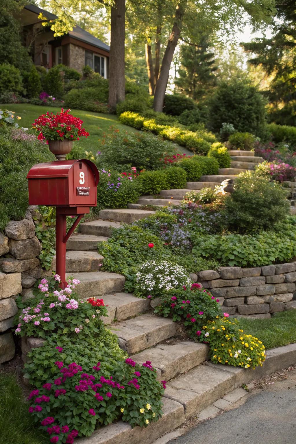 A tiered stone garden mailbox that adds a splash of color and life to your home’s entrance.