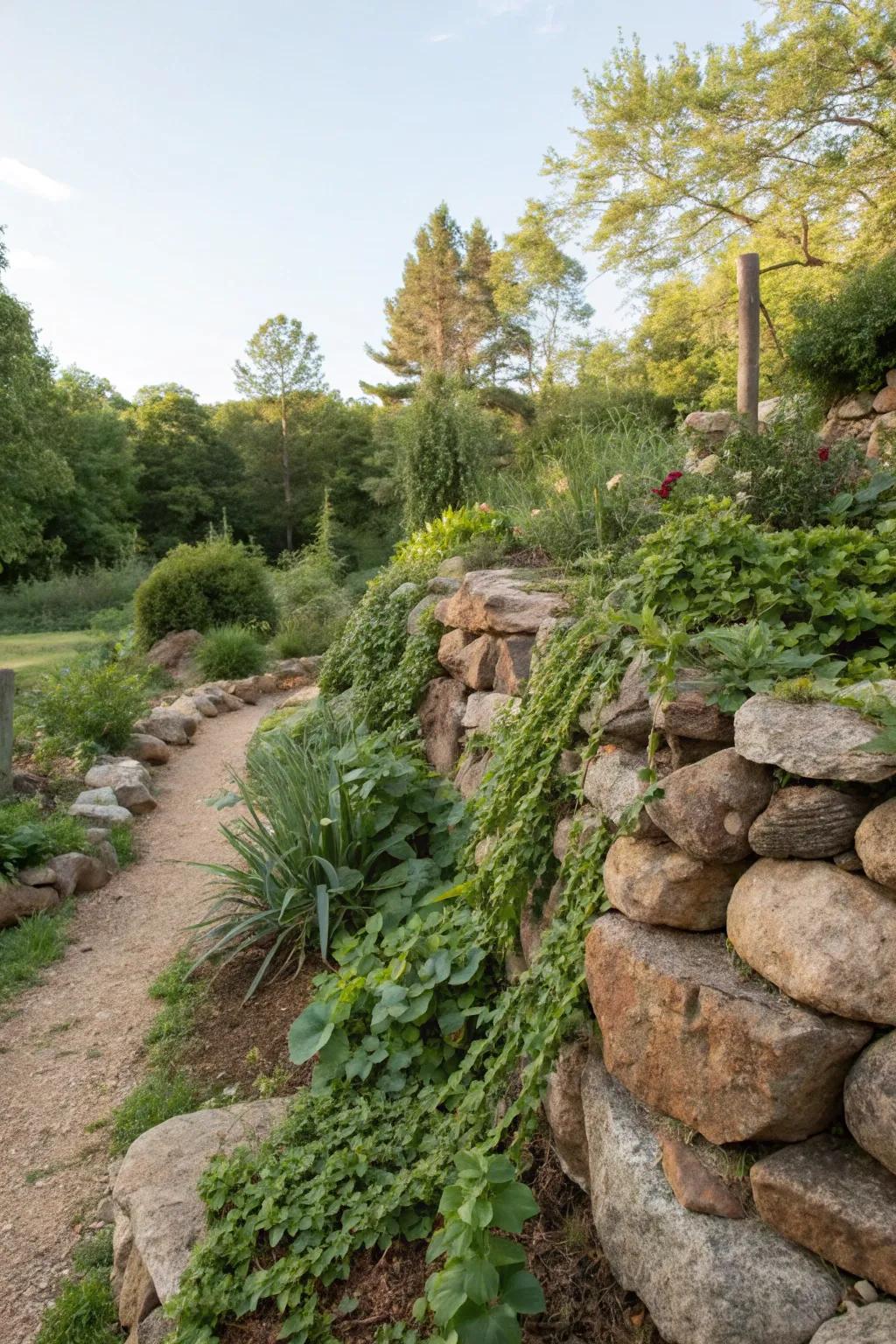 Rustic rock walls blend seamlessly with natural surroundings.