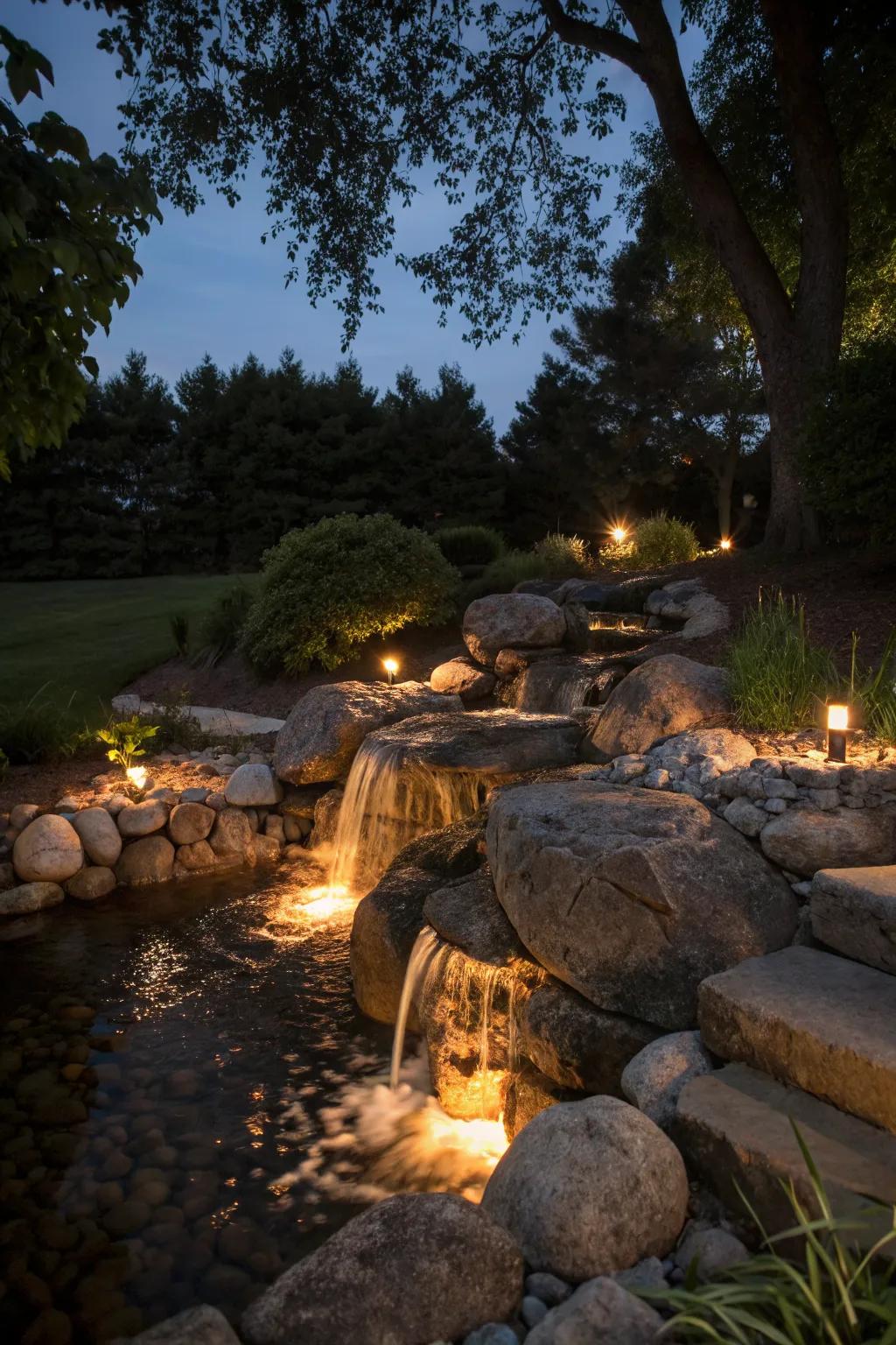 Lighting elements create a magical night-time effect.