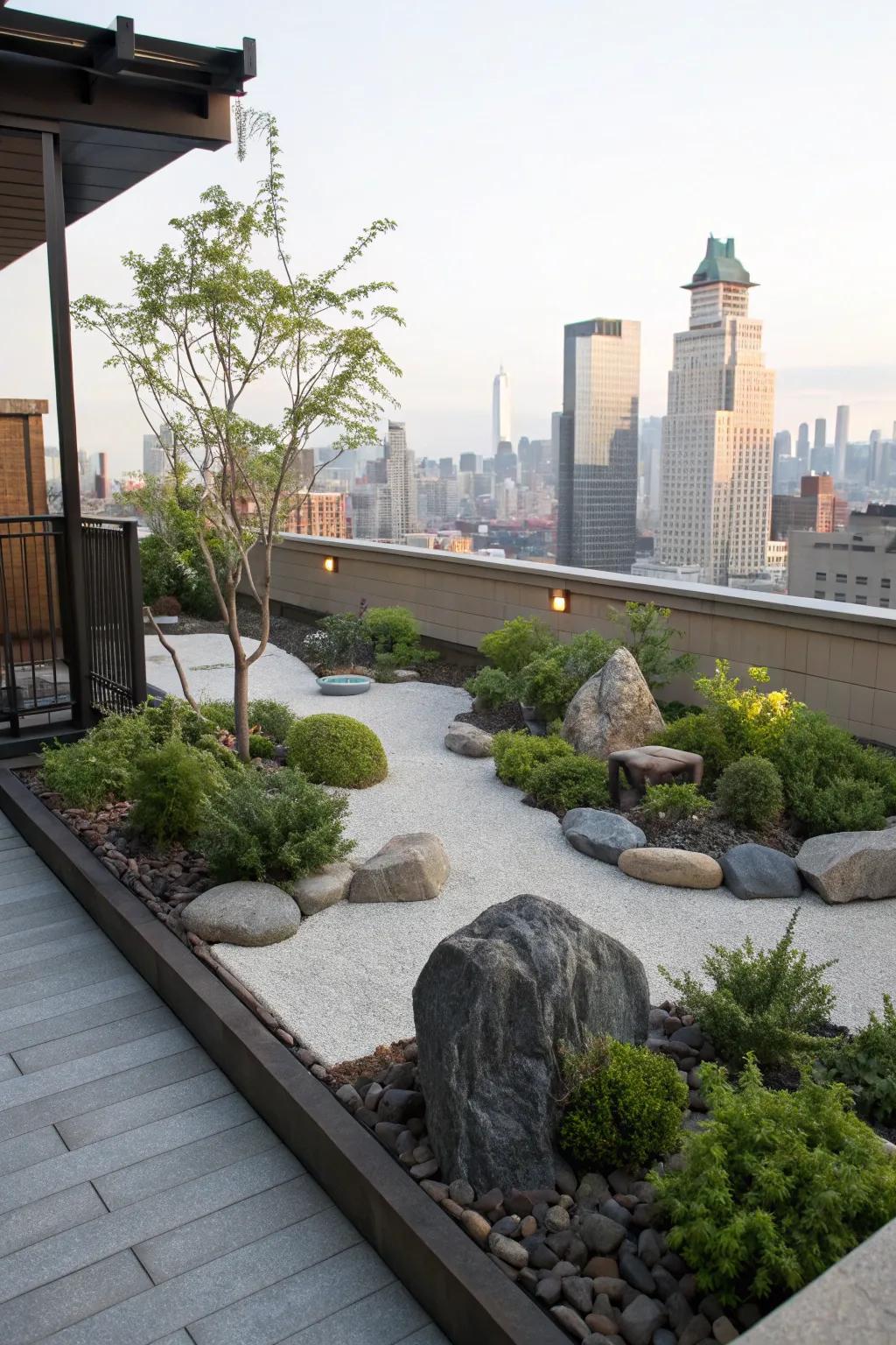 A mini Zen garden provides a tranquil spot for relaxation.
