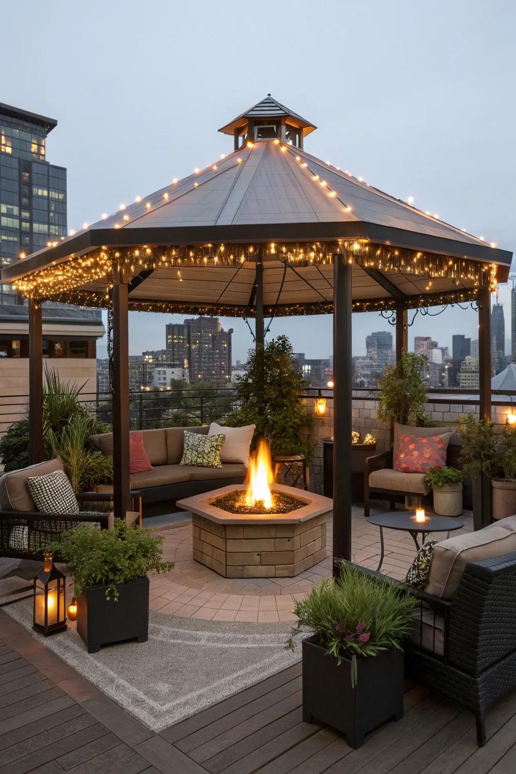 Gather around a cozy fire pit for memorable rooftop evenings.