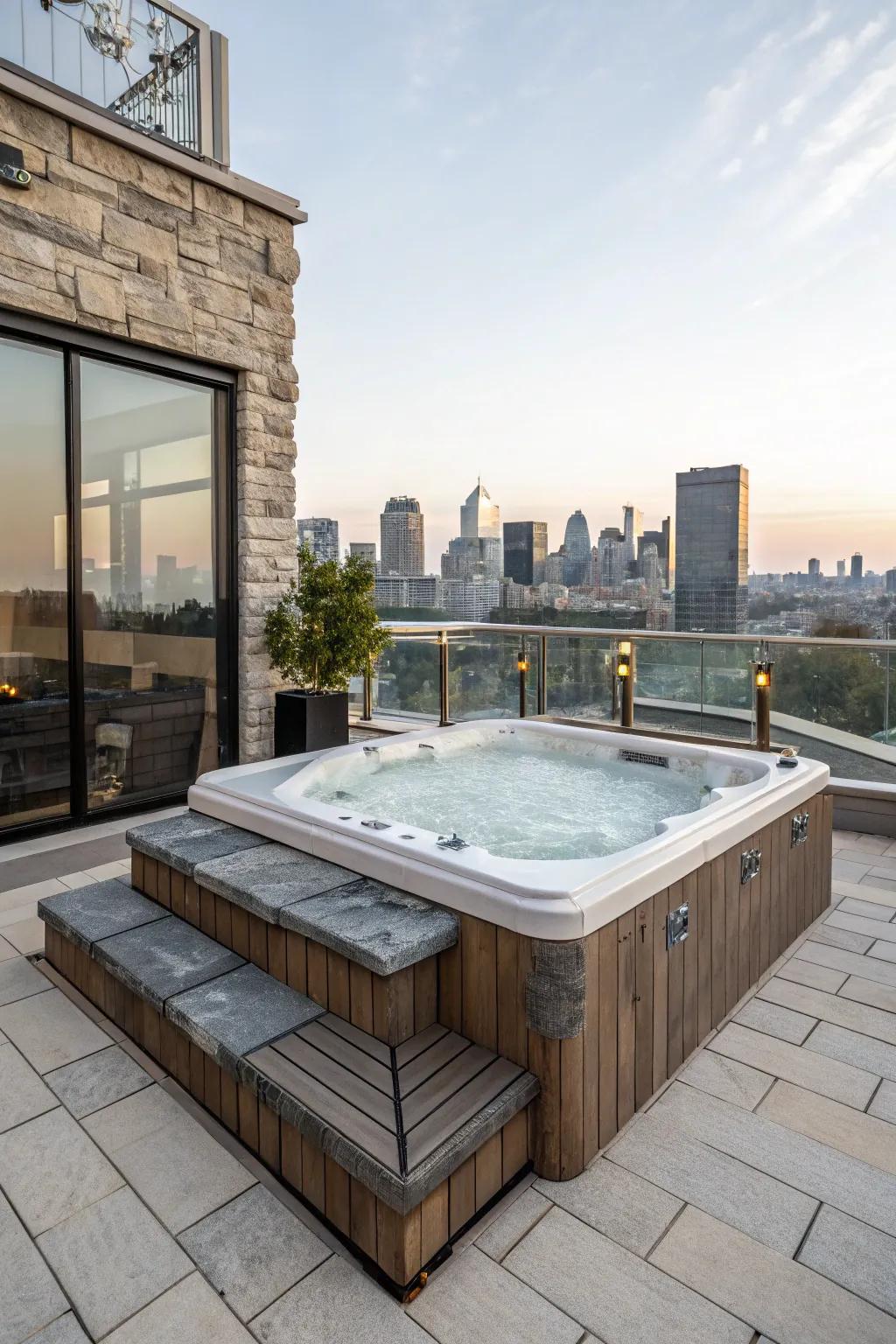 Add a touch of elegance to your rooftop with a jacuzzi surrounded by luxurious stone.
