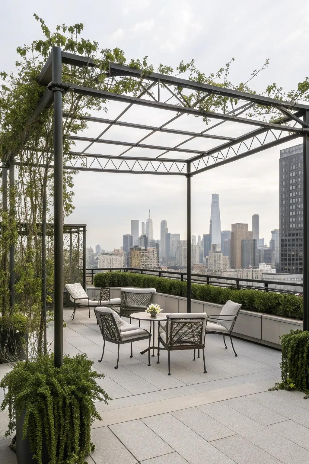 Modern minimalism with a sleek metal pergola design.