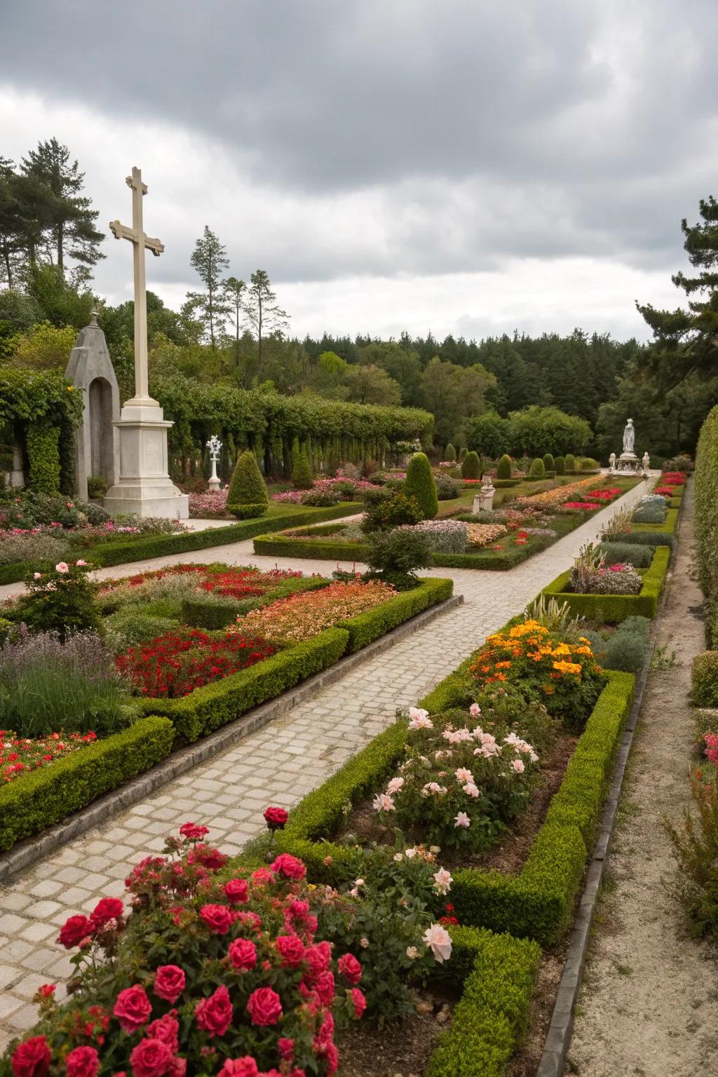 Colorful garden sections inspired by the rosary mysteries.