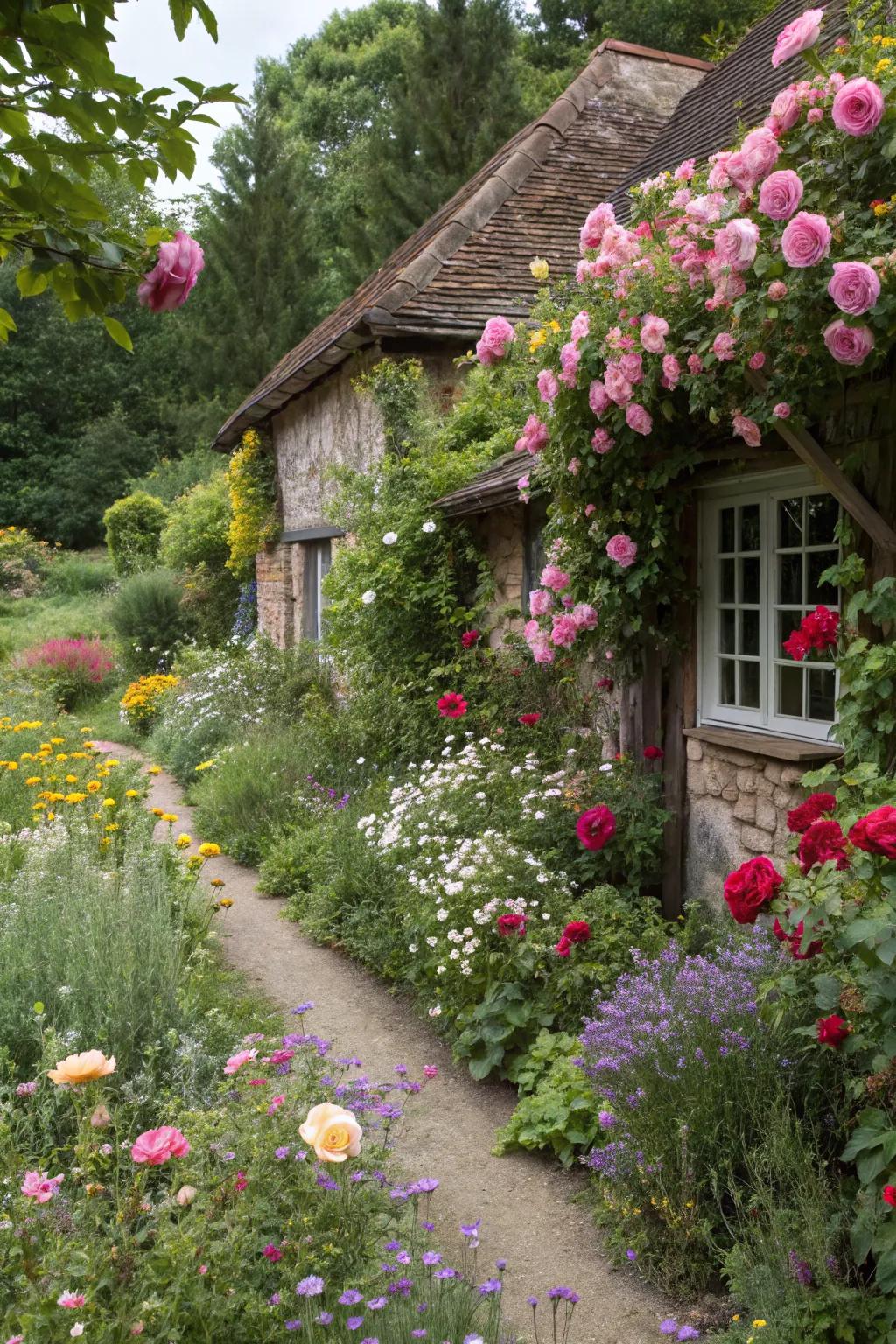 A cottage-style garden brimming with roses and wildflowers, offering a natural charm.