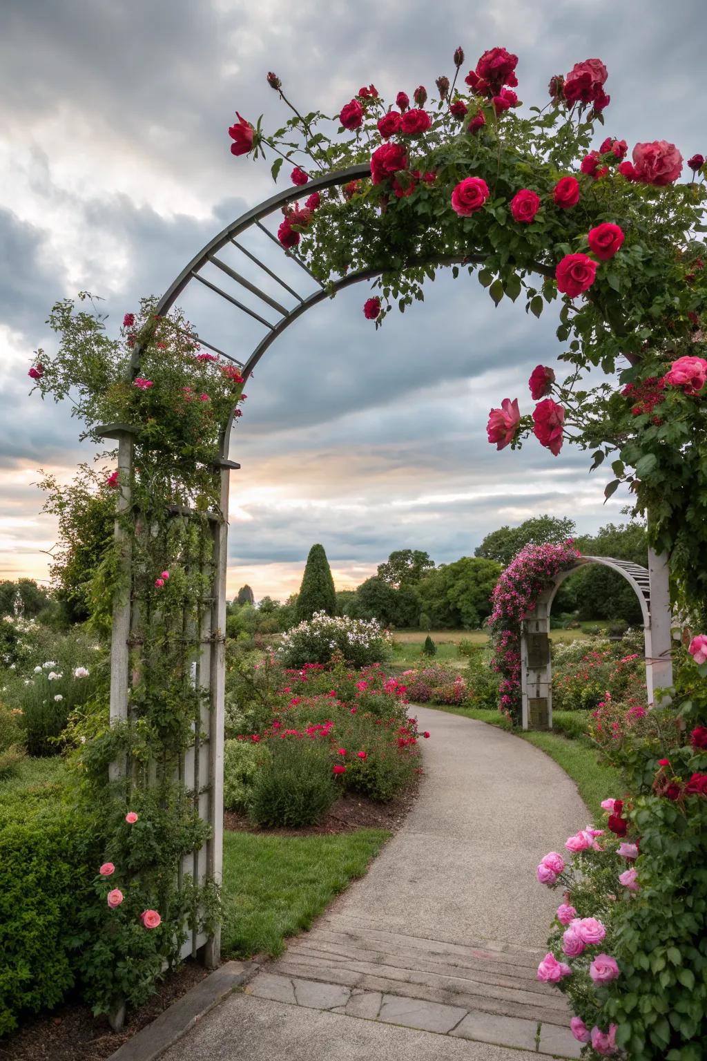A grand entrance with a rose-covered archway.